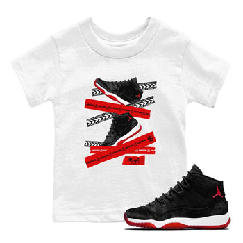 11s Bred Velvet shirts to match jordans Caution Tape sneaker match tees Air Jordan 11 Bred Velvet SNRT Sneaker Release Tees Youth Baby White 1 crew neck shirts