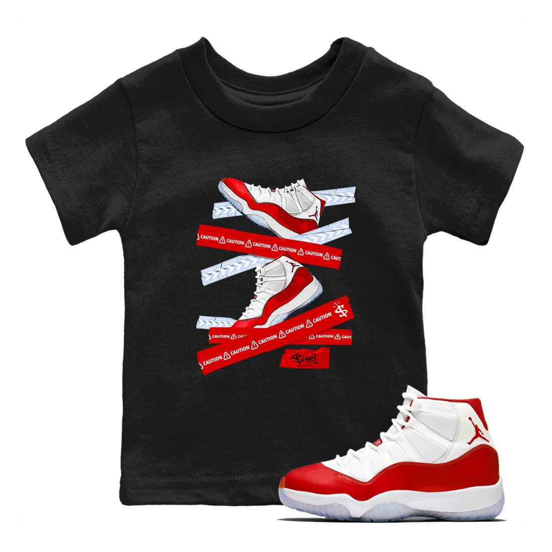 11s Cherry shirts to match jordans Caution Tape sneaker match tees Air Jordan 11 Retro Cherry match shoes to clothes SNRT Sneaker Tees Youth Baby Black 1 tee