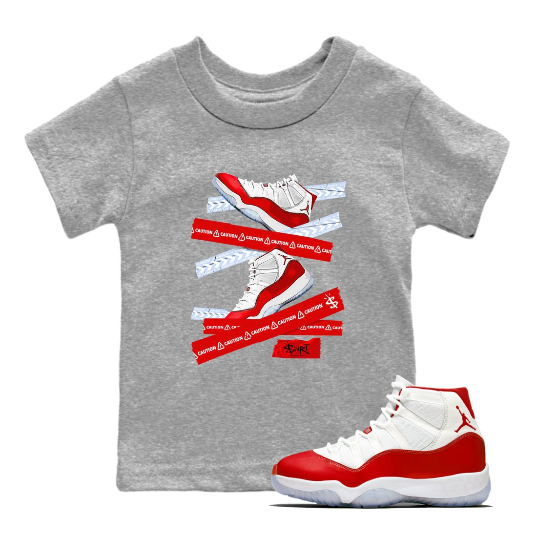 11s Cherry shirts to match jordans Caution Tape sneaker match tees Air Jordan 11 Retro Cherry match shoes to clothes SNRT Sneaker Tees Youth Baby Heather Grey 1 tee