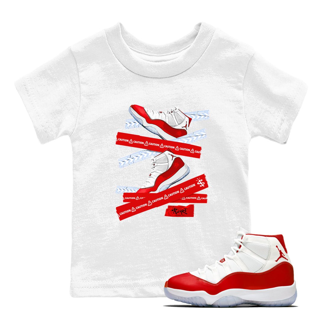 11s Cherry shirts to match jordans Caution Tape sneaker match tees Air Jordan 11 Retro Cherry match shoes to clothes SNRT Sneaker Tees Youth Baby White 1 tee