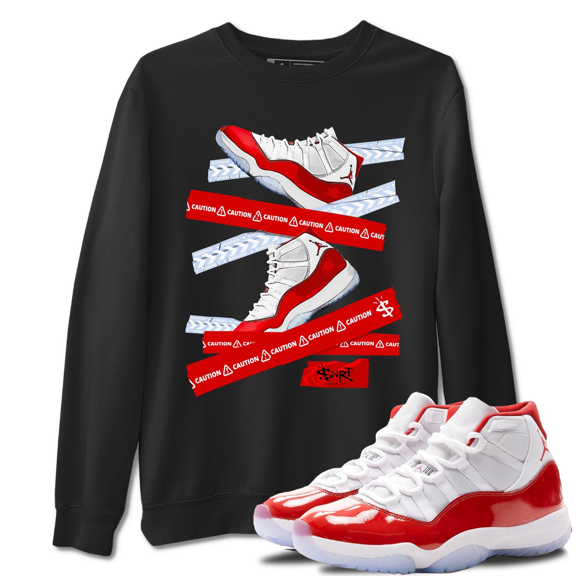 11s Cherry shirts to match jordans Caution Tape sneaker match tees Air Jordan 11 Retro Cherry match shoes to clothes SNRT Sneaker Tees unisex cotton Black 1 shirts