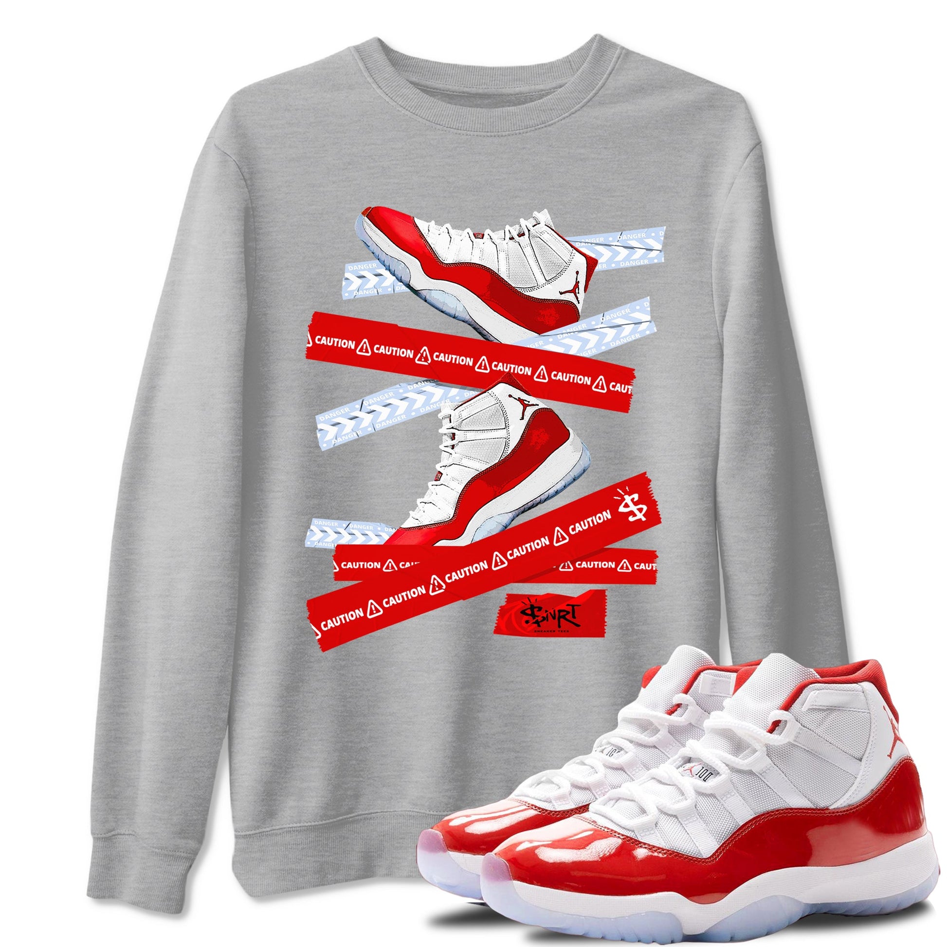 11s Cherry shirts to match jordans Caution Tape sneaker match tees Air Jordan 11 Retro Cherry match shoes to clothes SNRT Sneaker Tees unisex cotton Heather Grey 1 shirts