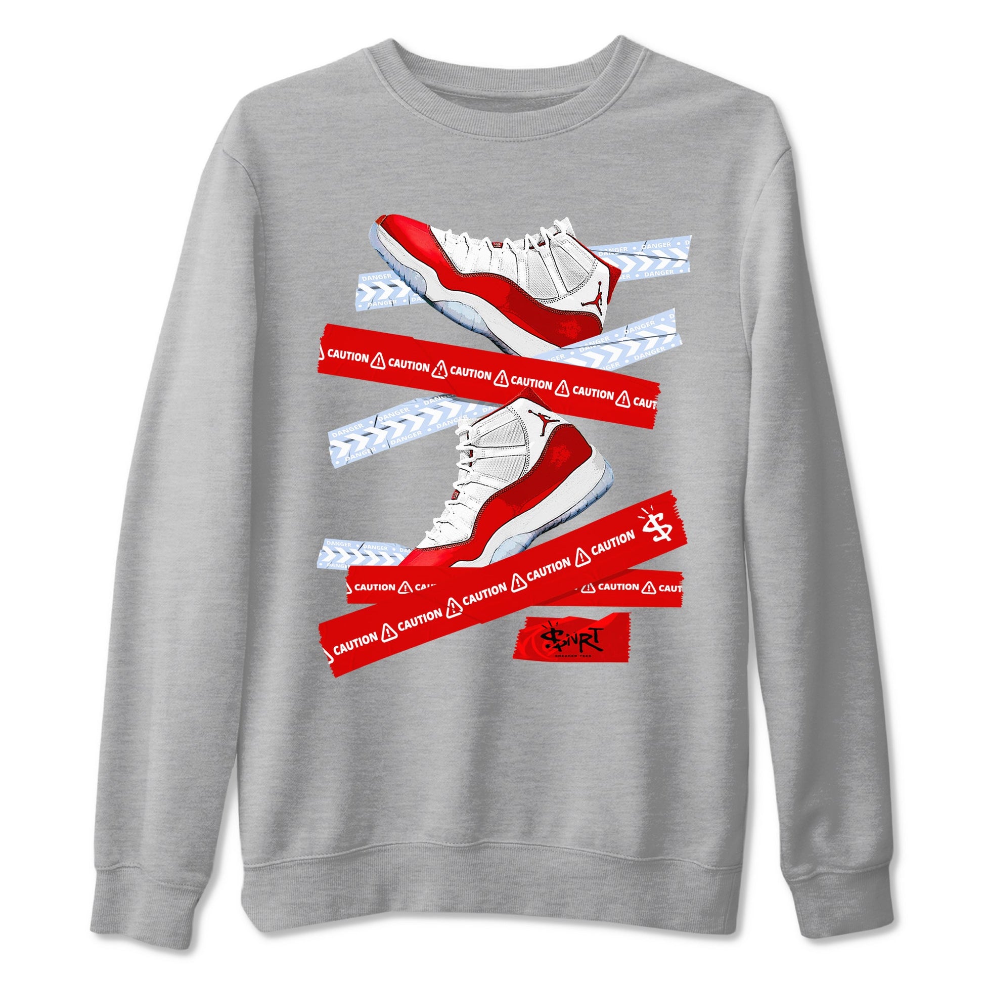 11s Cherry shirts to match jordans Caution Tape sneaker match tees Air Jordan 11 Retro Cherry match shoes to clothes SNRT Sneaker Tees unisex cotton Heather Grey 2 shirts