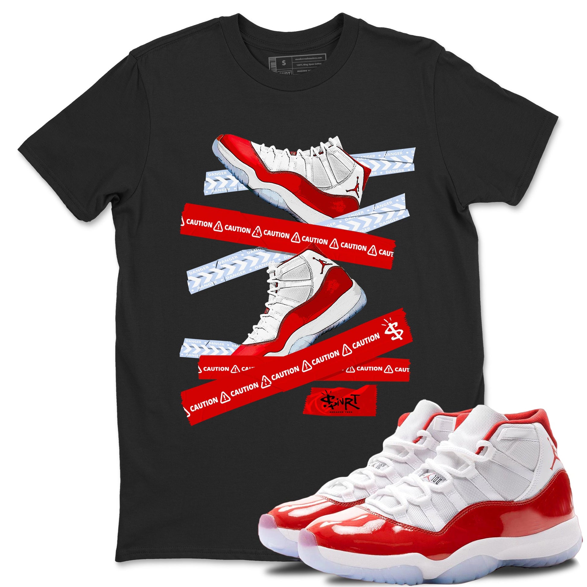 11s Cherry shirts to match jordans Caution Tape sneaker match tees Air Jordan 11 Retro Cherry match shoes to clothes SNRT Sneaker Tees unisex cotton Black 1 shirts