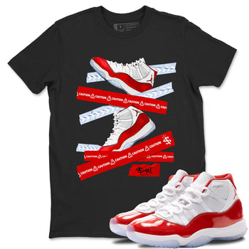 11s Cherry shirts to match jordans Caution Tape sneaker match tees Air Jordan 11 Retro Cherry match shoes to clothes SNRT Sneaker Tees unisex cotton Black 1 shirts