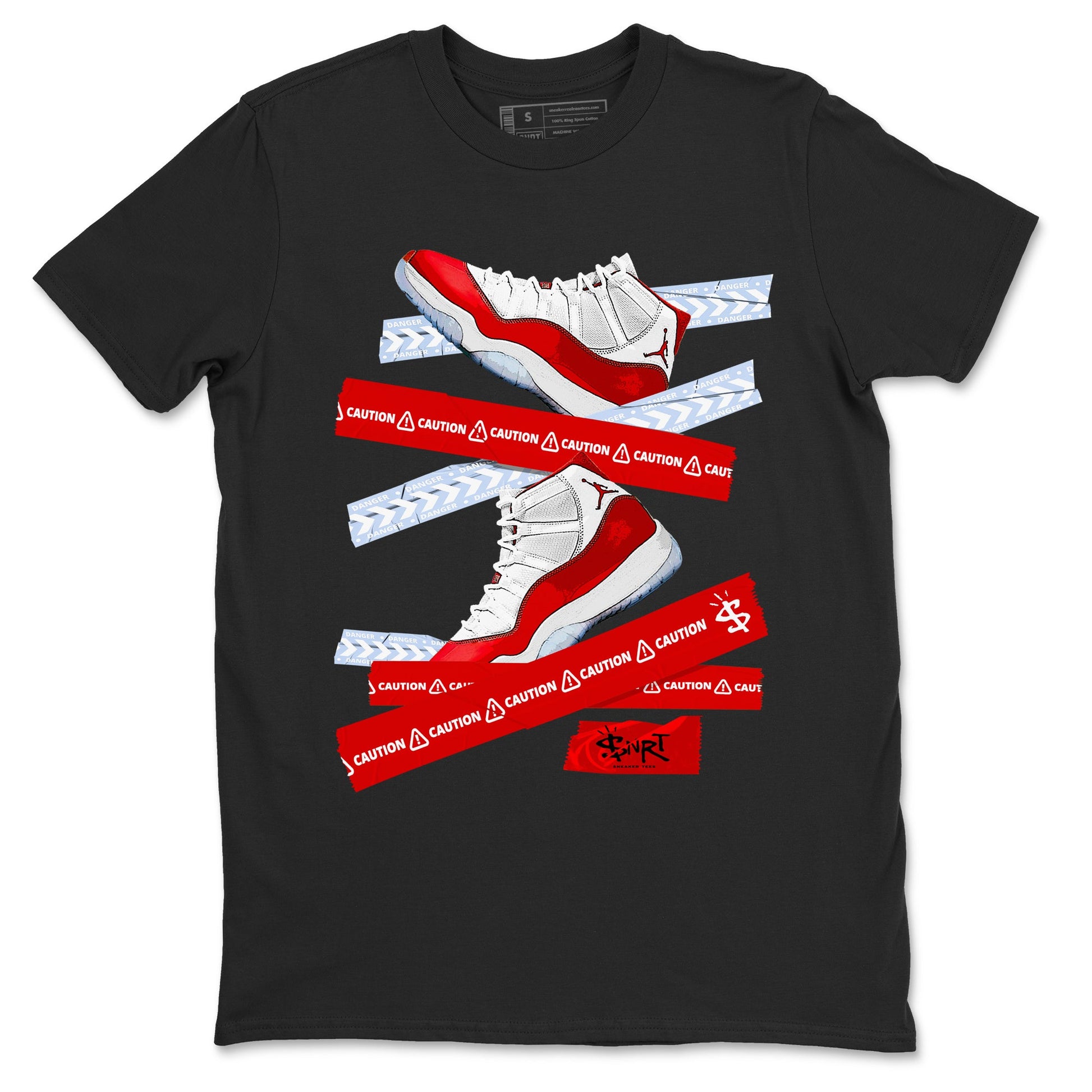 11s Cherry shirts to match jordans Caution Tape sneaker match tees Air Jordan 11 Retro Cherry match shoes to clothes SNRT Sneaker Tees unisex cotton Black 2 shirts