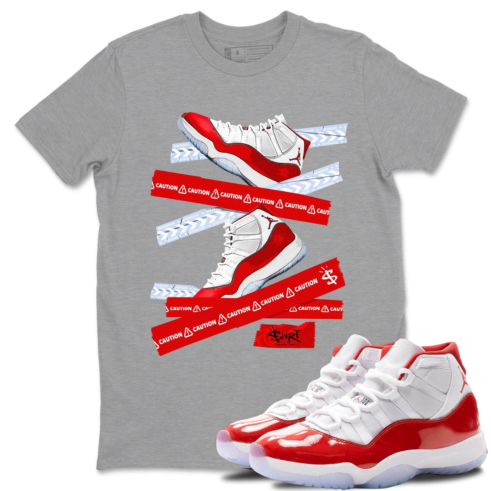 11s Cherry shirts to match jordans Caution Tape sneaker match tees Air Jordan 11 Retro Cherry match shoes to clothes SNRT Sneaker Tees unisex cotton Heather Grey 1 shirts