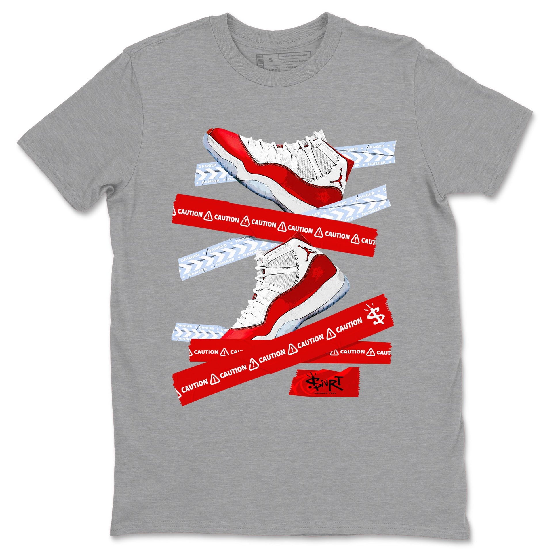 11s Cherry shirts to match jordans Caution Tape sneaker match tees Air Jordan 11 Retro Cherry match shoes to clothes SNRT Sneaker Tees unisex cotton Heather Grey 2 shirts