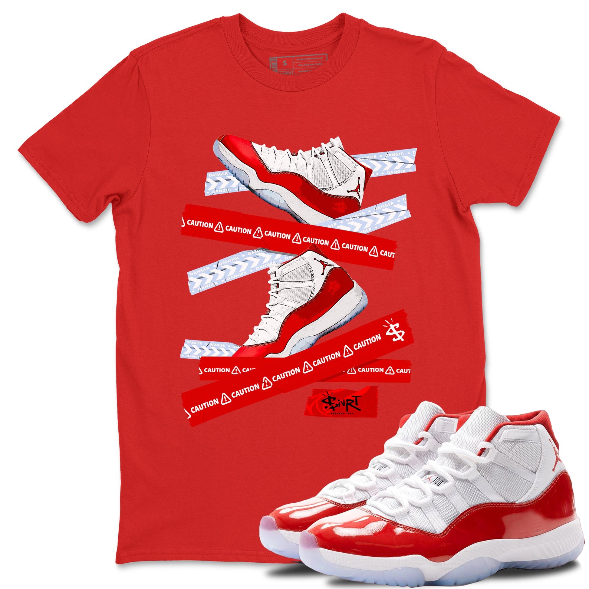 11s Cherry shirts to match jordans Caution Tape sneaker match tees Air Jordan 11 Retro Cherry match shoes to clothes SNRT Sneaker Tees unisex cotton Red 1 shirts