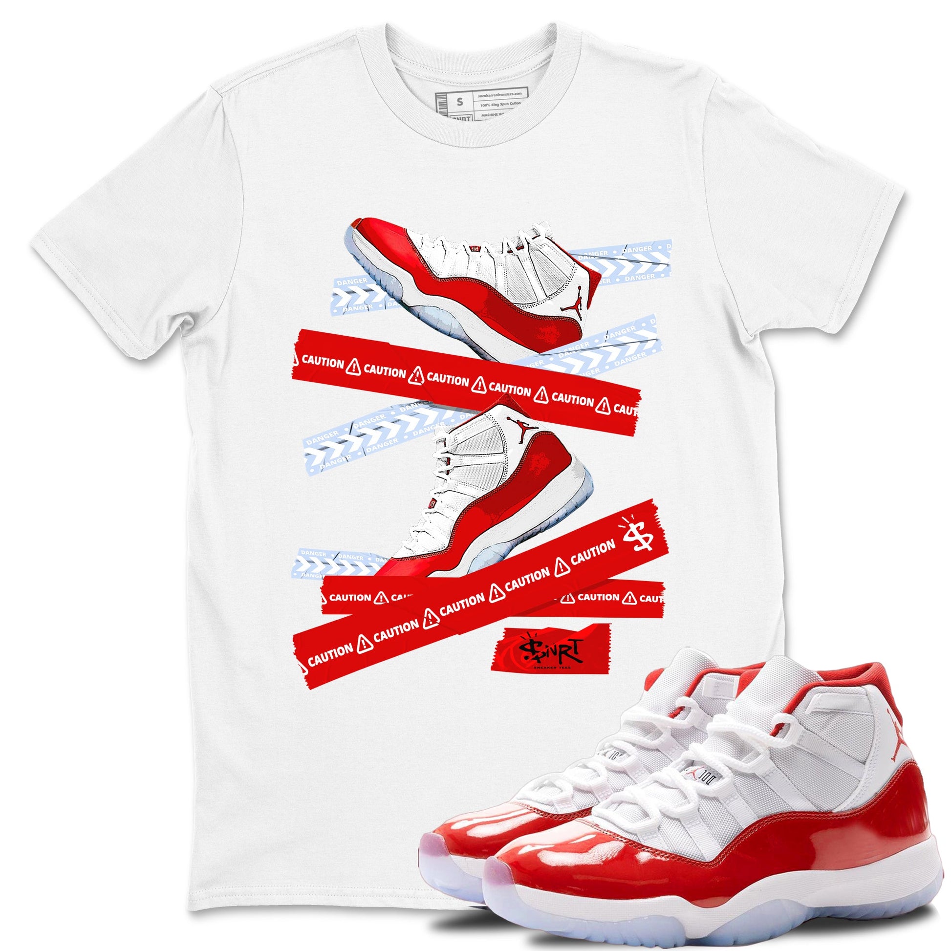 11s Cherry shirts to match jordans Caution Tape sneaker match tees Air Jordan 11 Retro Cherry match shoes to clothes SNRT Sneaker Tees unisex cotton White 1 shirts