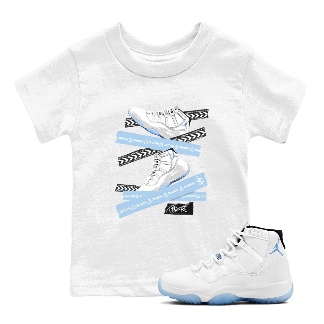 11 Columbia shirts to match jordans Caution Tape sneaker match tees 11s Retro Legend Blue Columbia SNRT Sneaker Tees streetwear brand Baby and Youth White 1 cotton tee
