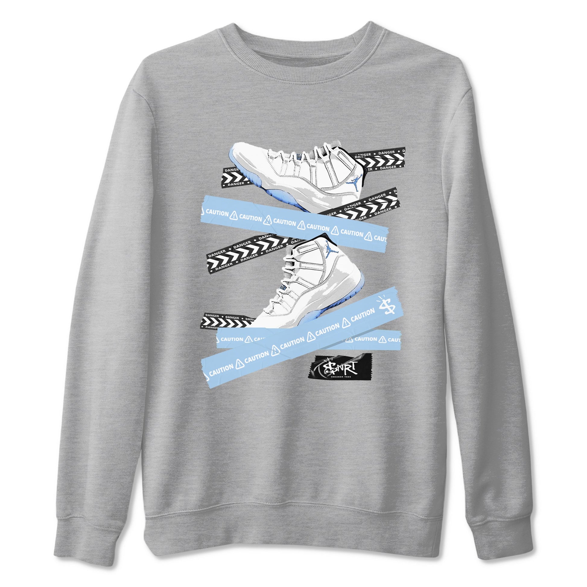 11 Columbia shirts to match jordans Caution Tape sneaker match tees 11s Retro Legend Blue Columbia SNRT Sneaker Tees streetwear brand Heather Grey 2 unisex cotton tee