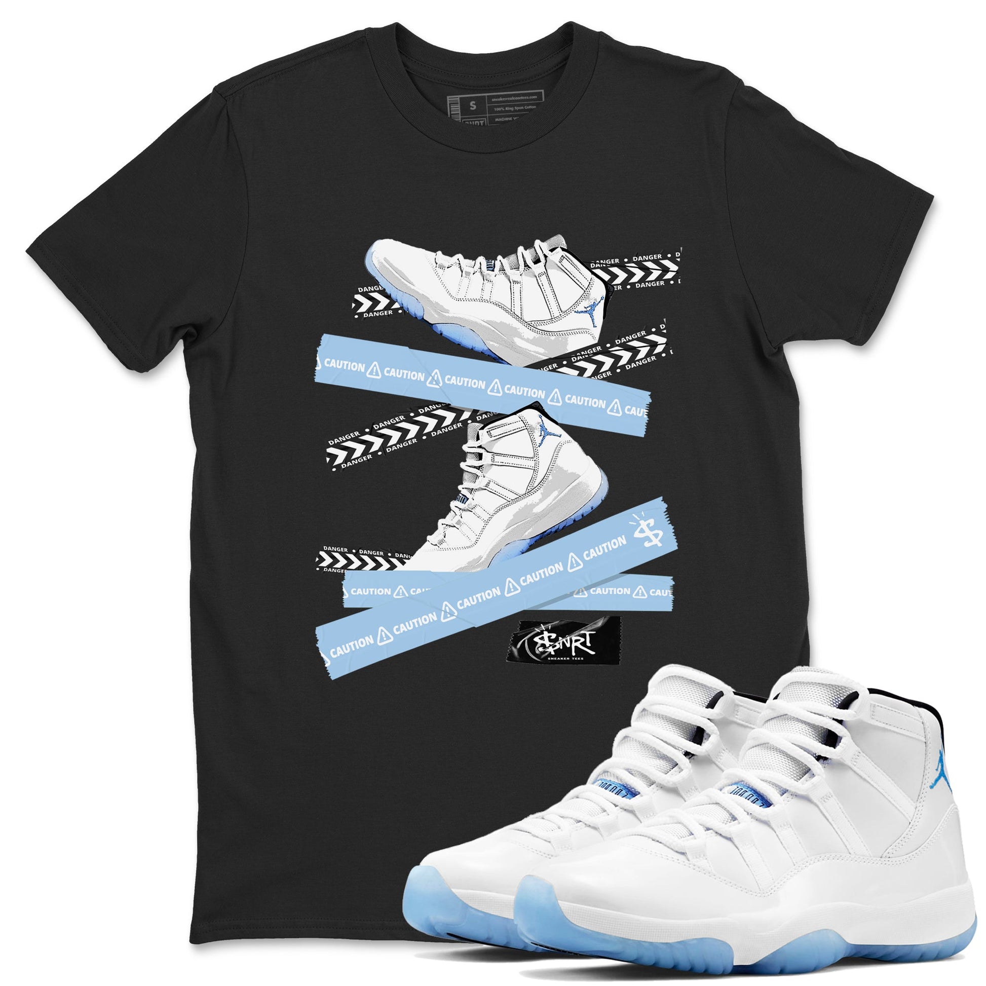 11 Columbia shirts to match jordans Caution Tape sneaker match tees 11s Retro Legend Blue Columbia SNRT Sneaker Tees streetwear brand Black 1 unisex cotton tee