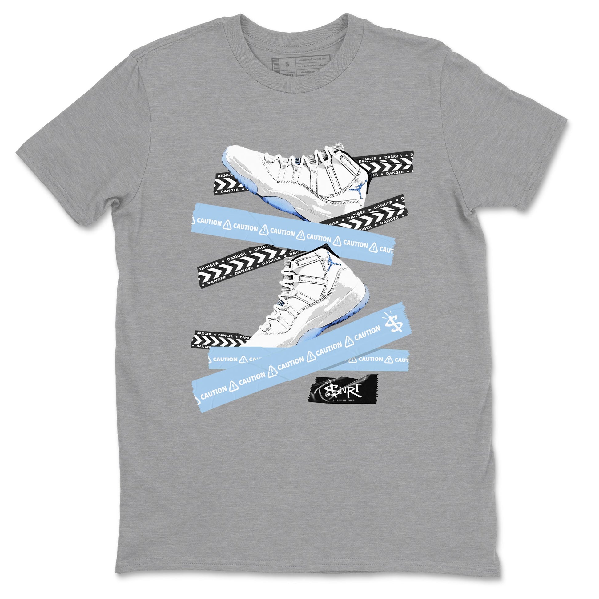 11 Columbia shirts to match jordans Caution Tape sneaker match tees 11s Retro Legend Blue Columbia SNRT Sneaker Tees streetwear brand Heather Grey 2 unisex cotton tee