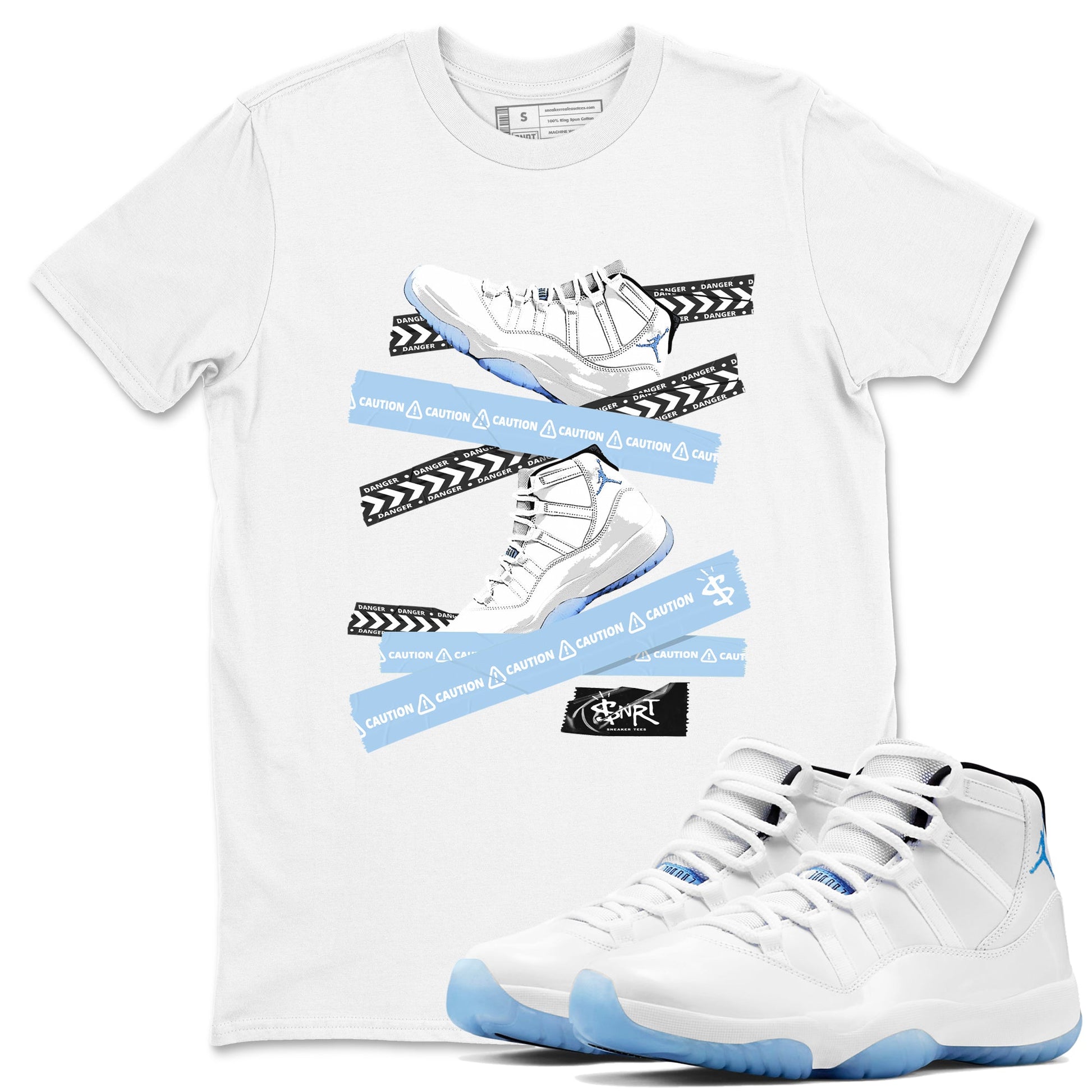 11 Columbia shirts to match jordans Caution Tape sneaker match tees 11s Retro Legend Blue Columbia SNRT Sneaker Tees streetwear brand White 1 unisex cotton tee