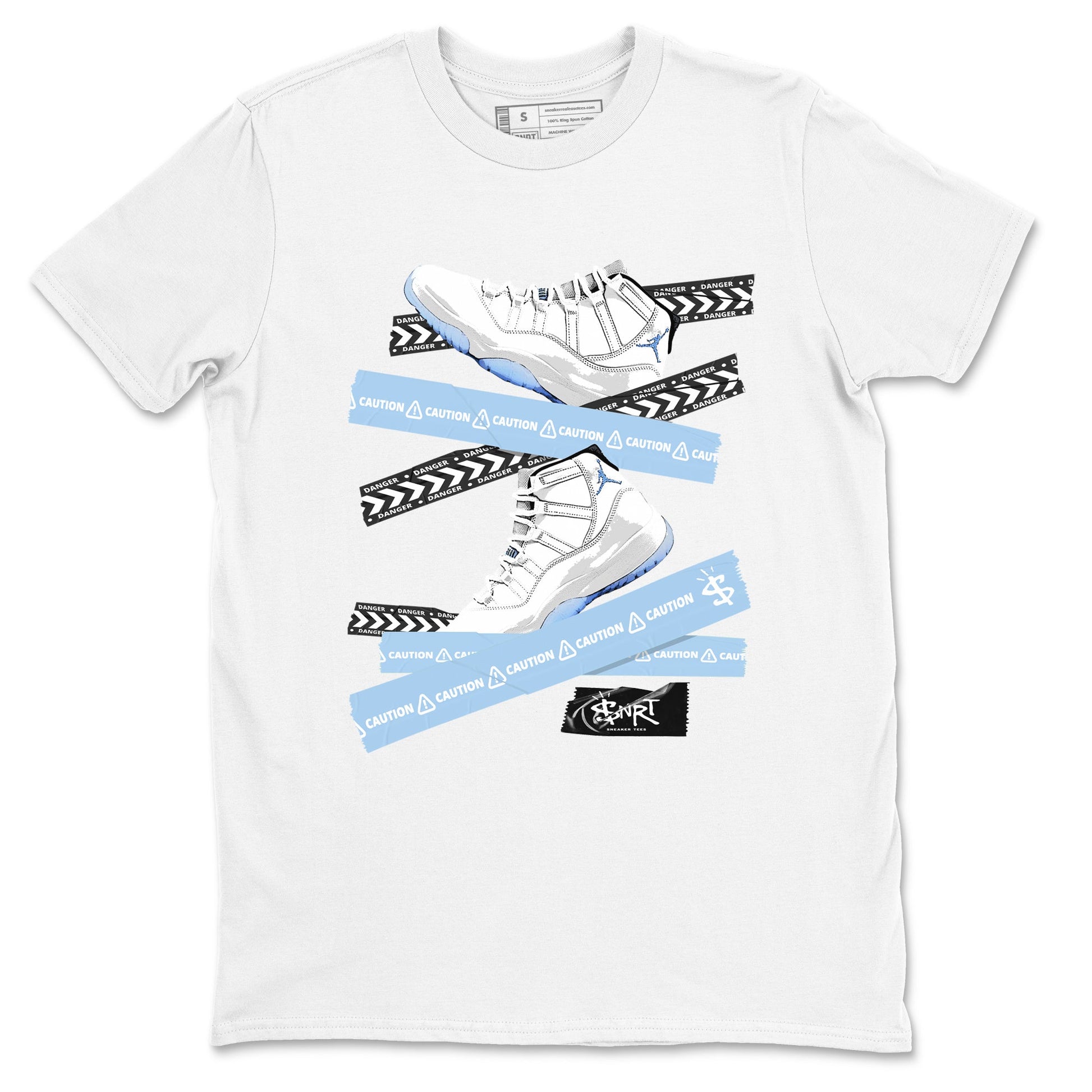 11 Columbia shirts to match jordans Caution Tape sneaker match tees 11s Retro Legend Blue Columbia SNRT Sneaker Tees streetwear brand White 2 unisex cotton tee