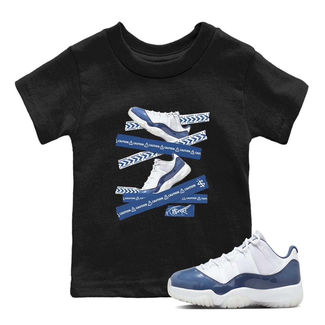 AJ11 Diffused Blue shirts to match jordans Caution Tape sneaker match tees Air Jordan 11 Diffused Blue SNRT Sneaker Tees streetwear brand Baby and Youth Black 1 cotton tee