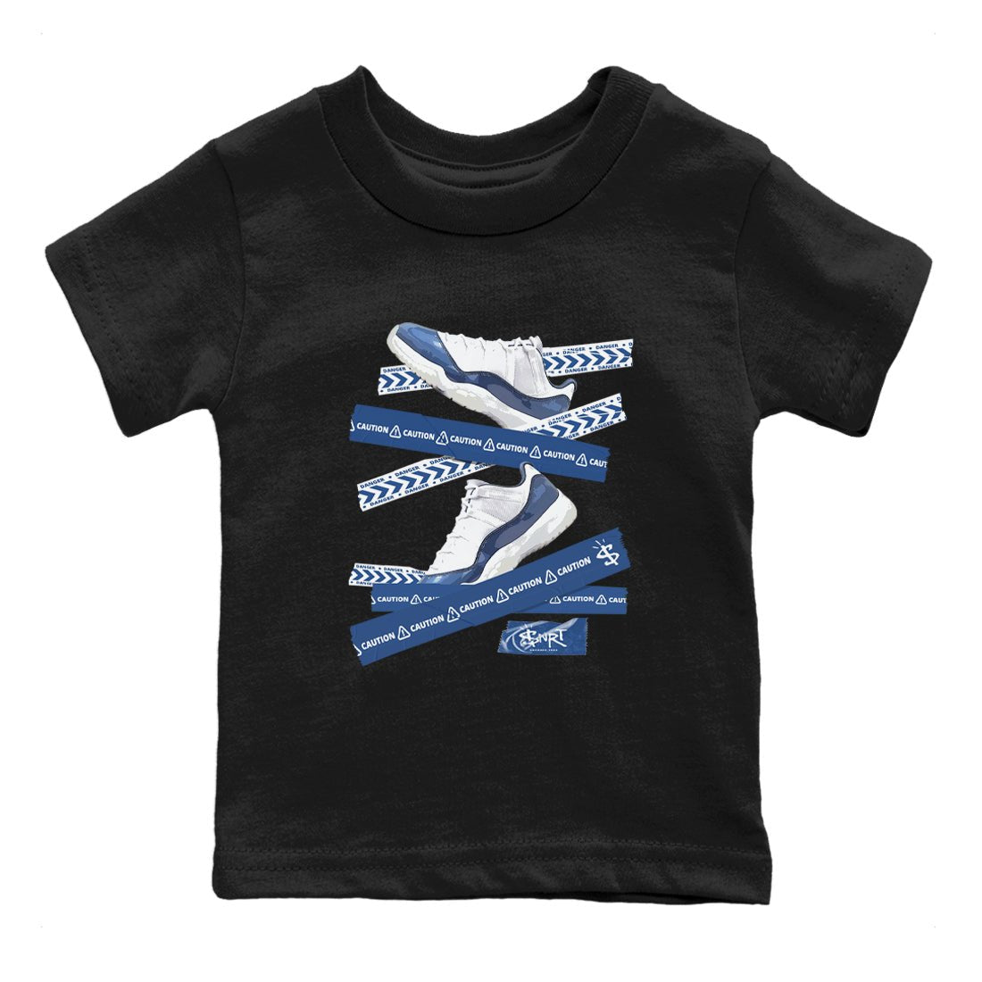 AJ11 Diffused Blue shirts to match jordans Caution Tape sneaker match tees Air Jordan 11 Diffused Blue SNRT Sneaker Tees streetwear brand Baby and Youth Black 2 cotton tee
