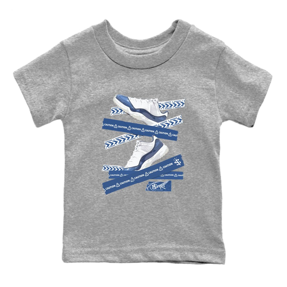 AJ11 Diffused Blue shirts to match jordans Caution Tape sneaker match tees Air Jordan 11 Diffused Blue SNRT Sneaker Tees streetwear brand Baby and Youth Heather Grey 2 cotton tee