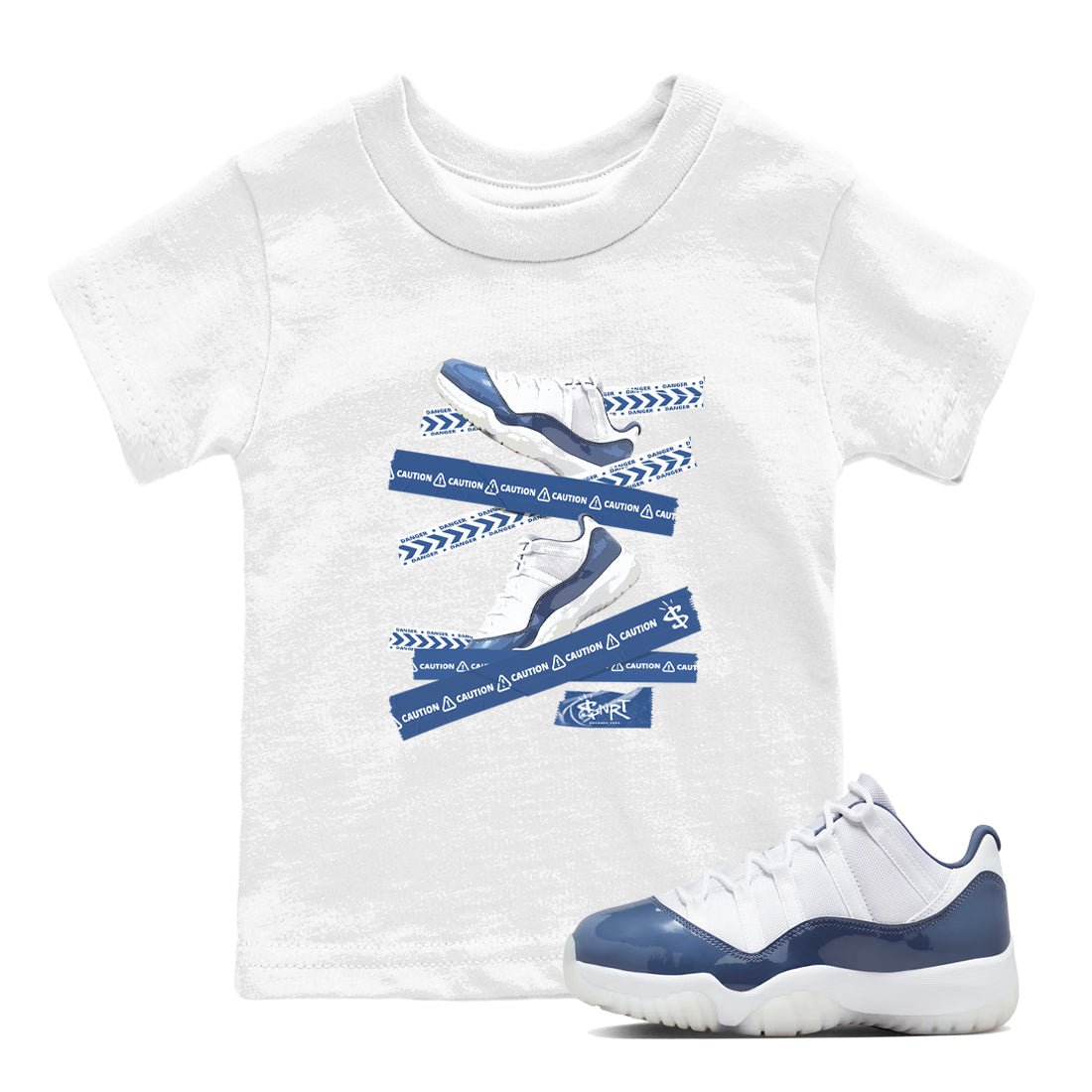 AJ11 Diffused Blue shirts to match jordans Caution Tape sneaker match tees Air Jordan 11 Diffused Blue SNRT Sneaker Tees streetwear brand Baby and Youth White 1 cotton tee