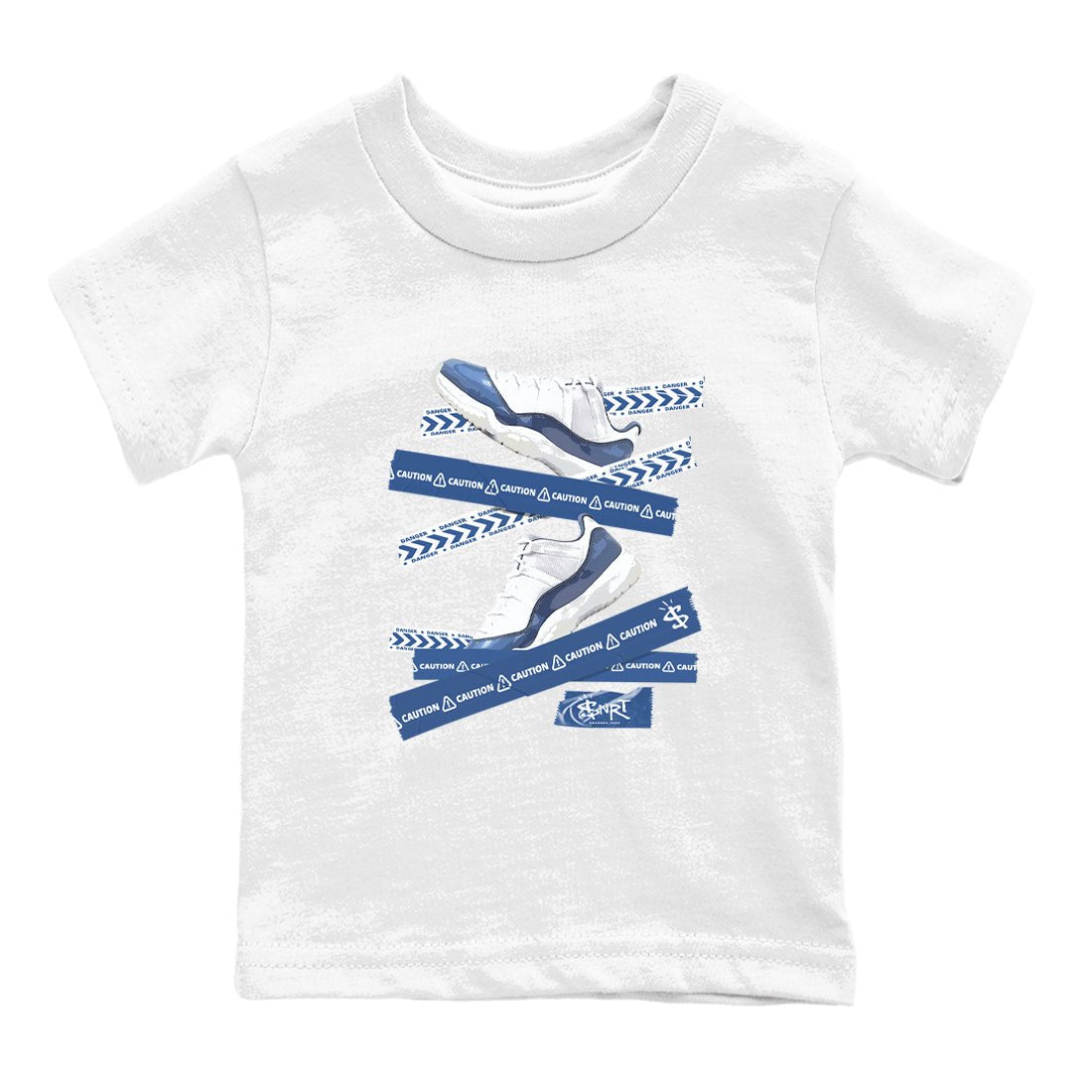 AJ11 Diffused Blue shirts to match jordans Caution Tape sneaker match tees Air Jordan 11 Diffused Blue SNRT Sneaker Tees streetwear brand Baby and Youth White 2 cotton tee