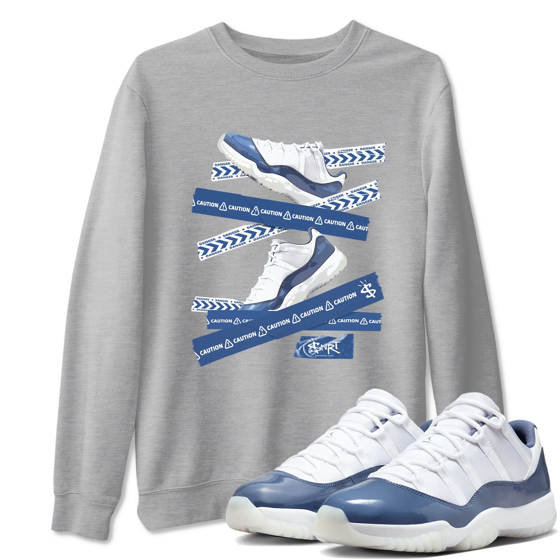 AJ11 Diffused Blue shirts to match jordans Caution Tape sneaker match tees Air Jordan 11 Diffused Blue SNRT Sneaker Tees streetwear brand Heather Grey 1 unisex cotton tee