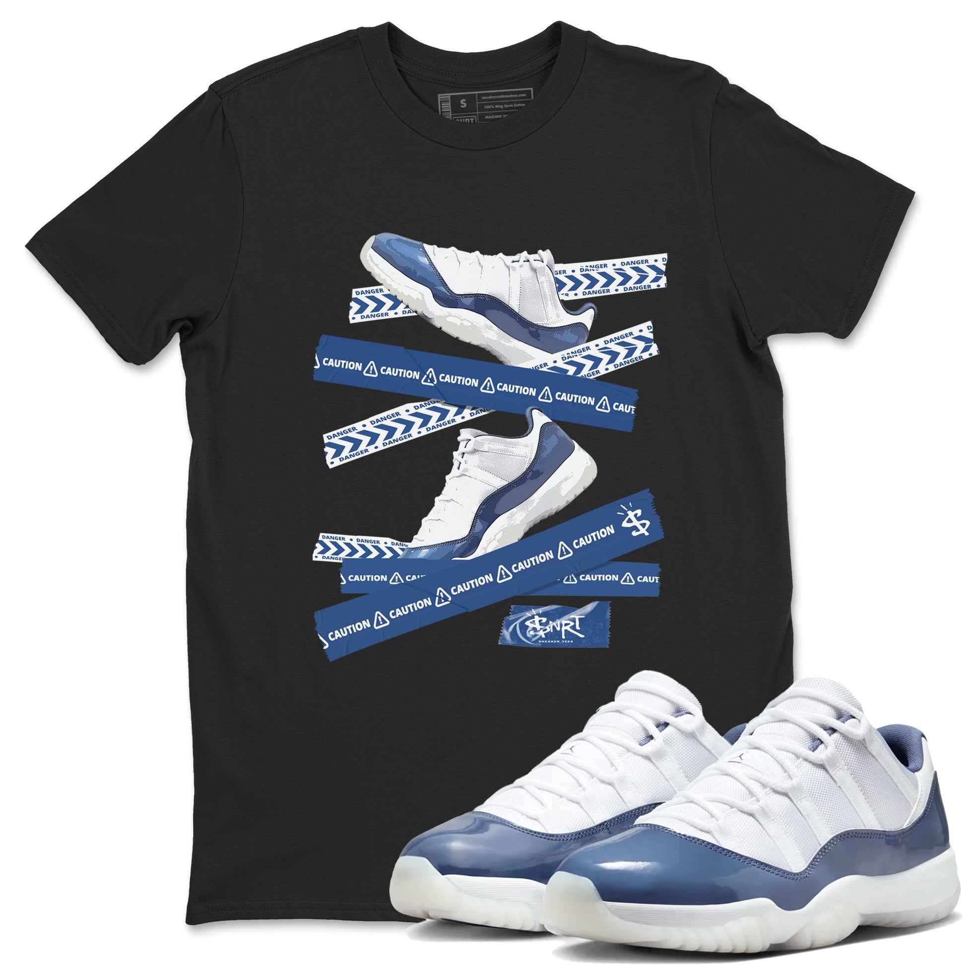 AJ11 Diffused Blue shirts to match jordans Caution Tape sneaker match tees Air Jordan 11 Diffused Blue SNRT Sneaker Tees streetwear brand Black 1 unisex cotton tee