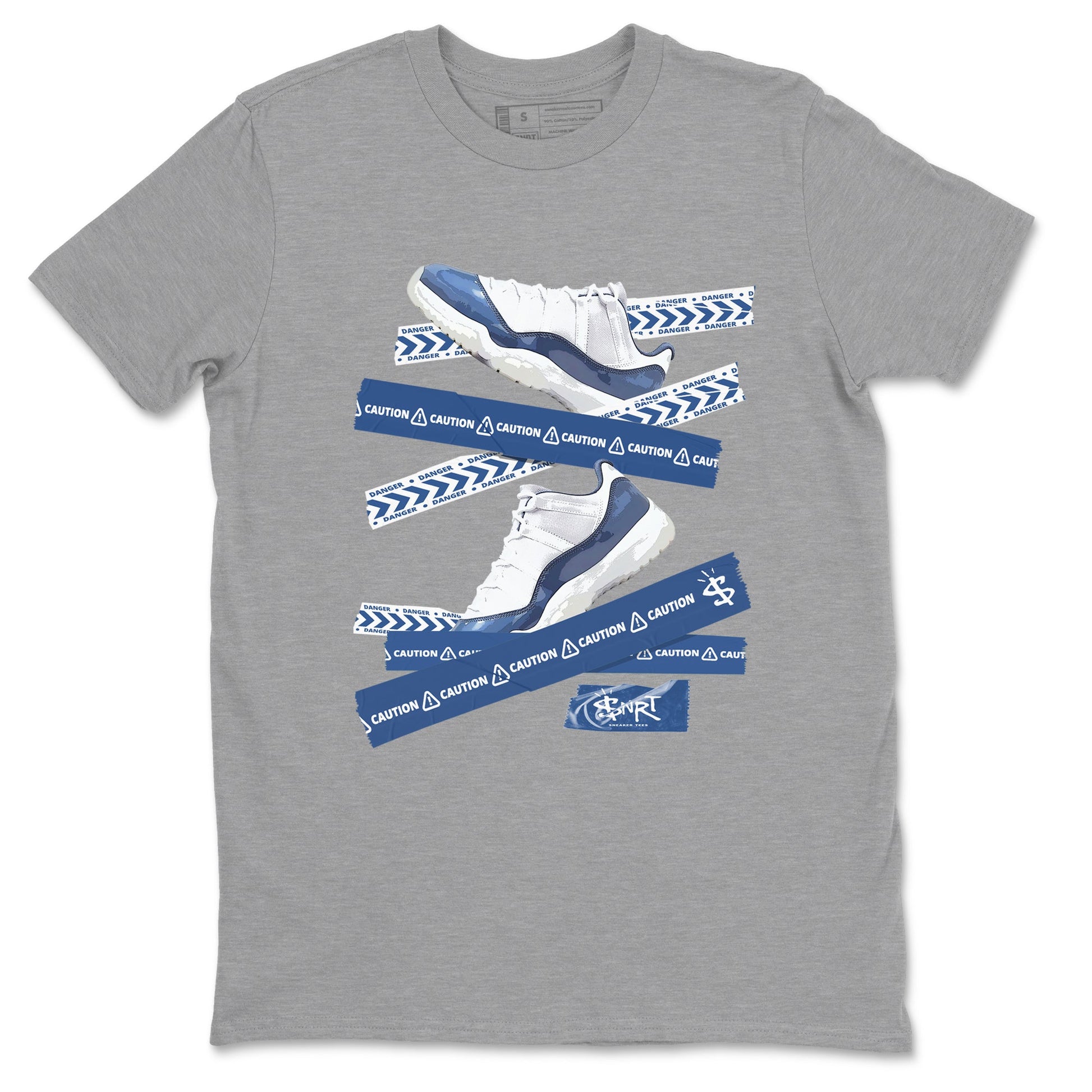 AJ11 Diffused Blue shirts to match jordans Caution Tape sneaker match tees Air Jordan 11 Diffused Blue SNRT Sneaker Tees streetwear brand Heather Grey 2 unisex cotton tee