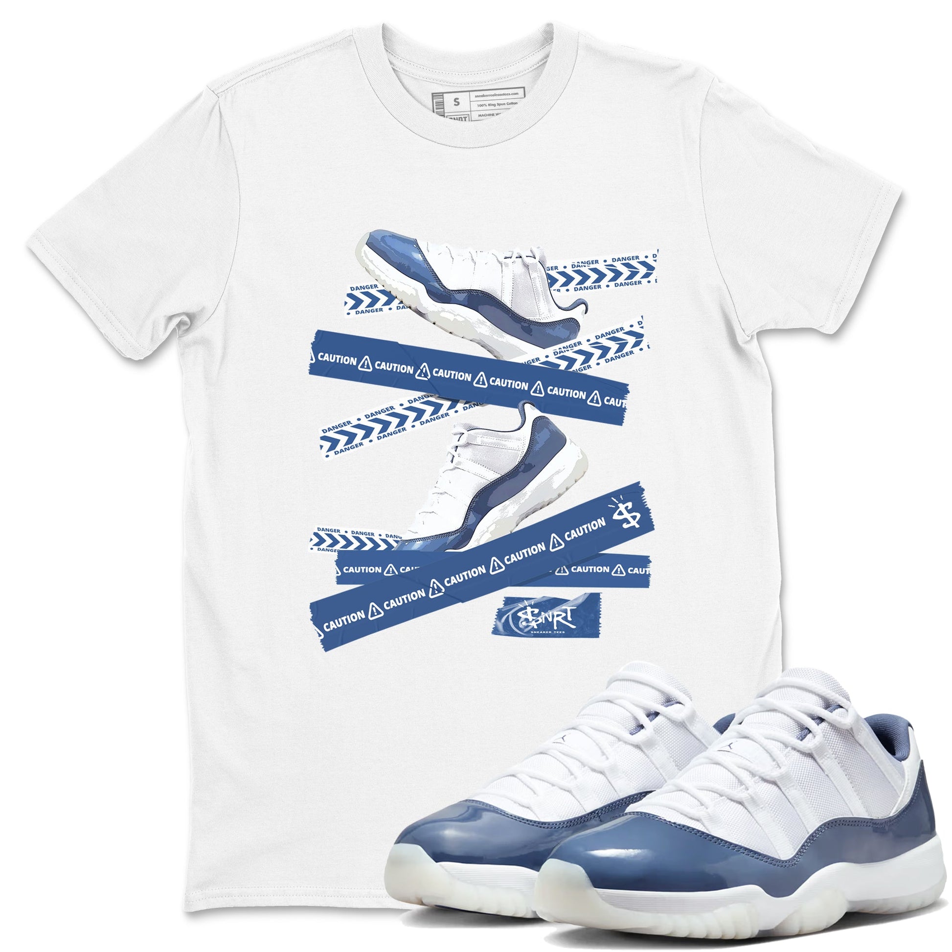 AJ11 Diffused Blue shirts to match jordans Caution Tape sneaker match tees Air Jordan 11 Diffused Blue SNRT Sneaker Tees streetwear brand White 1 unisex cotton tee