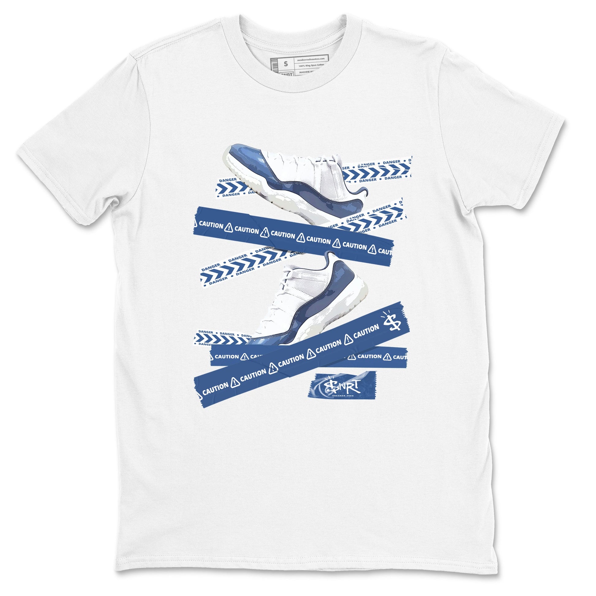 AJ11 Diffused Blue shirts to match jordans Caution Tape sneaker match tees Air Jordan 11 Diffused Blue SNRT Sneaker Tees streetwear brand White 2 unisex cotton tee