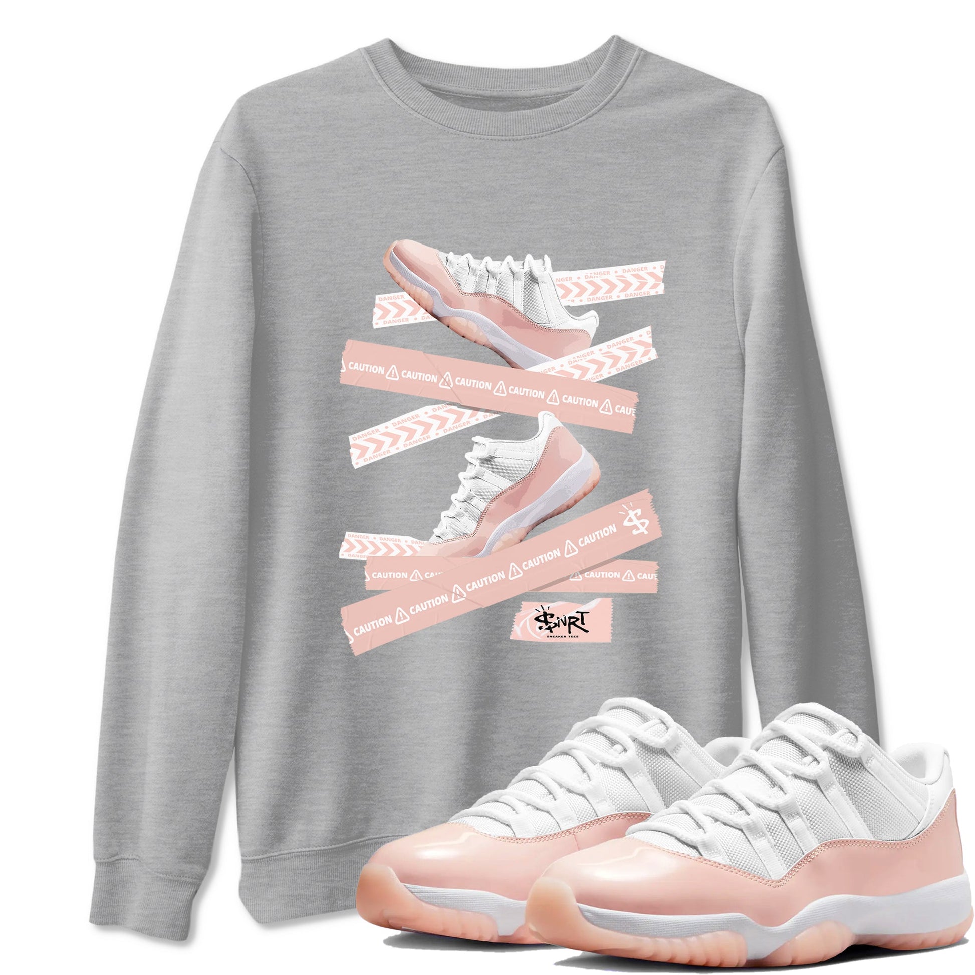 Air Jordan 11 Low Legend Pink shirts to match jordans Caution Tape sneaker match tees 11s Legend Pink SNRT Sneaker Tees streetwear brand Heather Grey 1 unisex cotton tee
