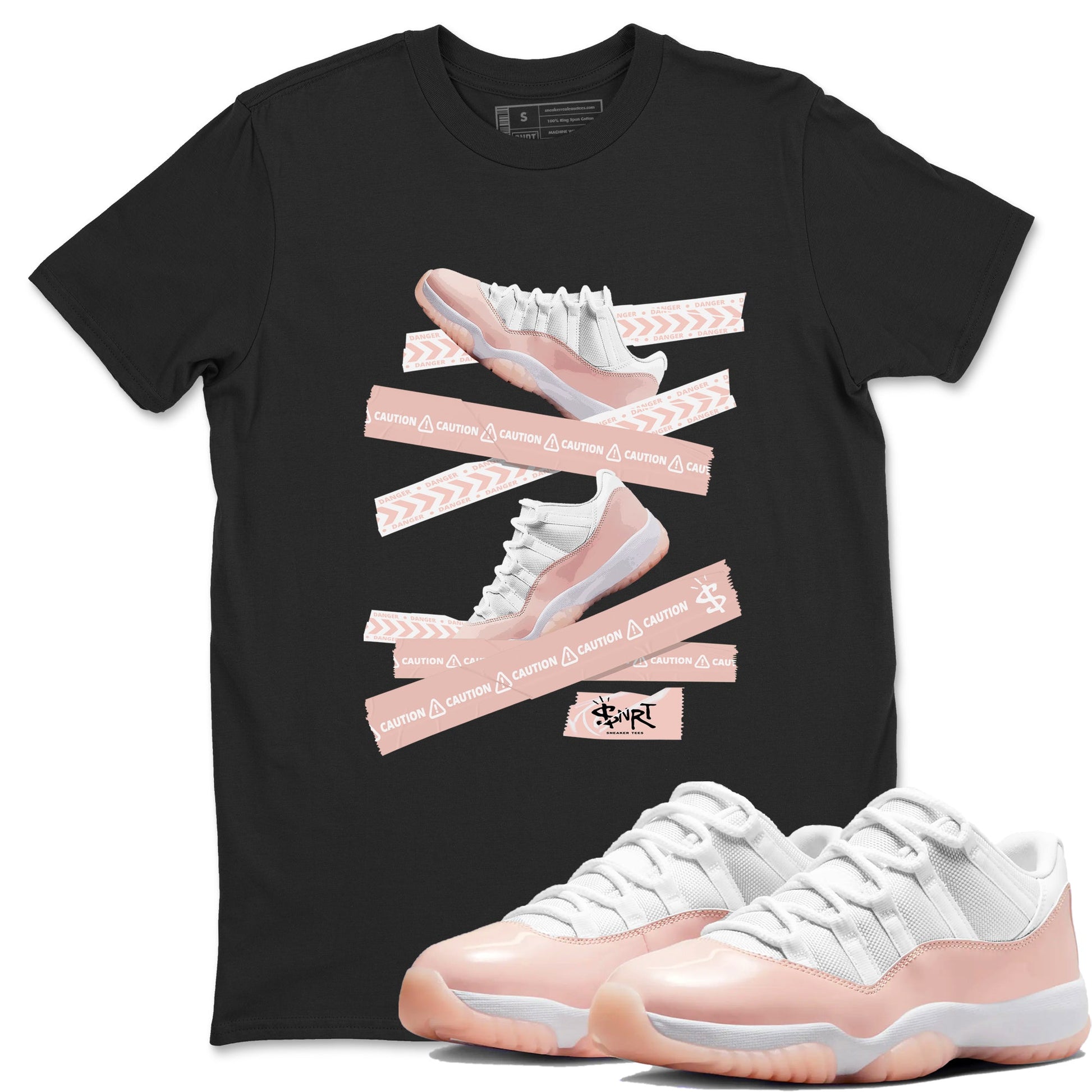 Air Jordan 11 Low Legend Pink shirts to match jordans Caution Tape sneaker match tees 11s Legend Pink SNRT Sneaker Tees streetwear brand Black 1 unisex cotton tee