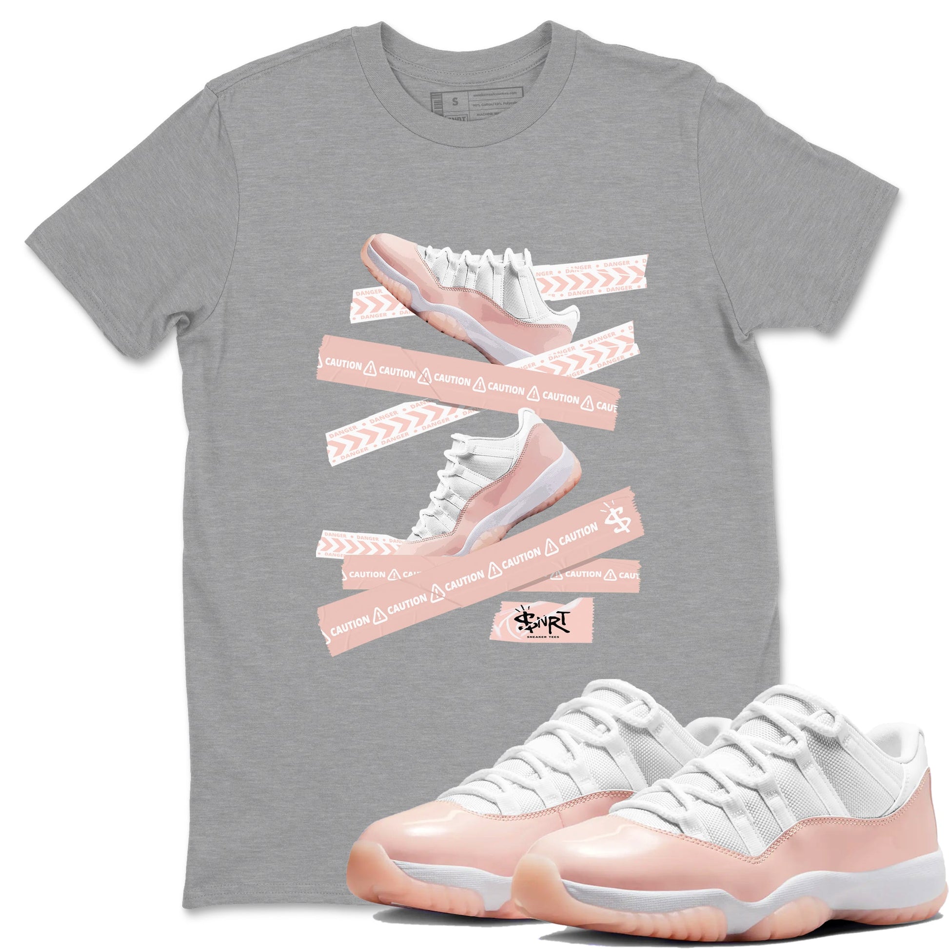 Air Jordan 11 Low Legend Pink shirts to match jordans Caution Tape sneaker match tees 11s Legend Pink SNRT Sneaker Tees streetwear brand Heather Grey 1 unisex cotton tee