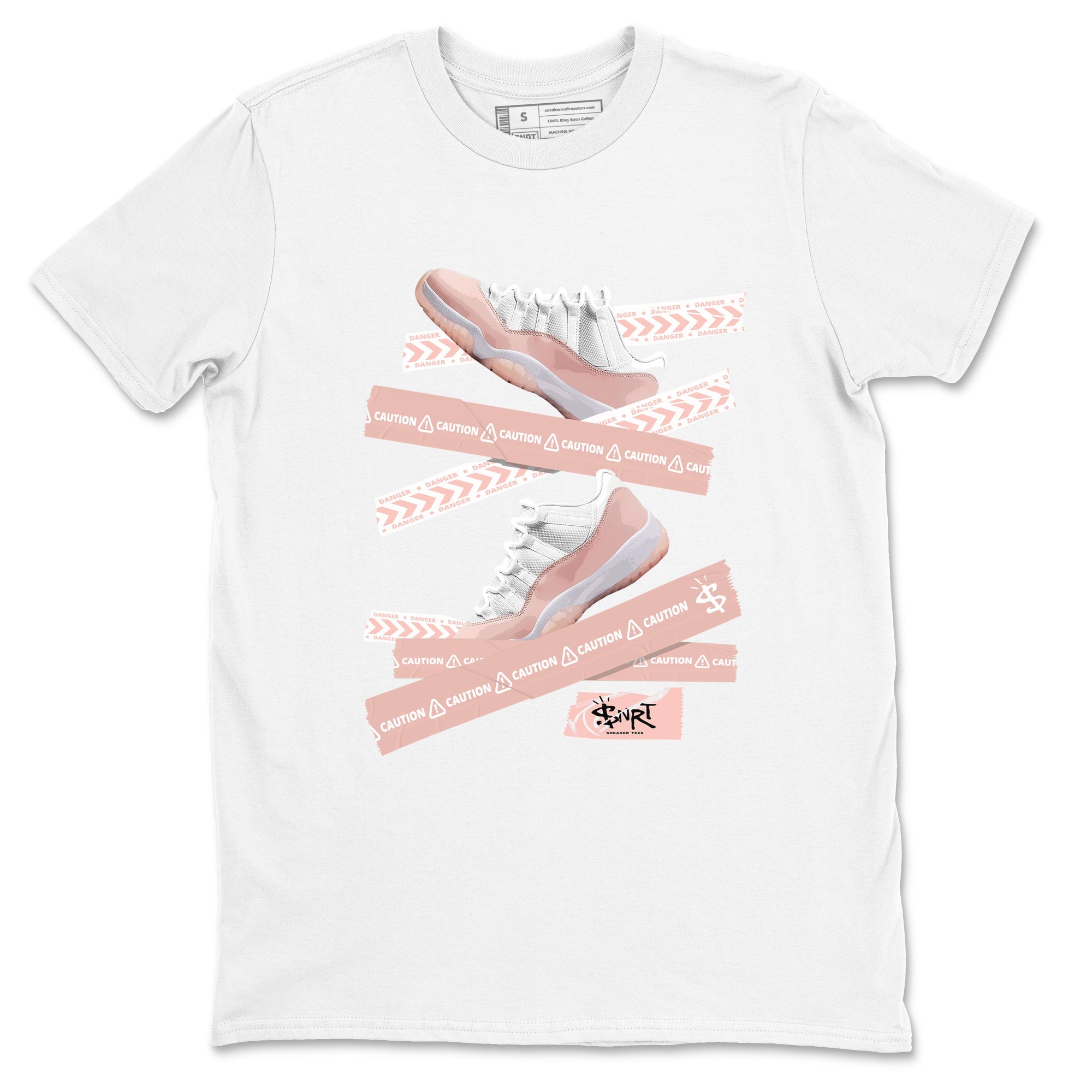 Air Jordan 11 Low Legend Pink shirts to match jordans Caution Tape sneaker match tees 11s Legend Pink SNRT Sneaker Tees streetwear brand White 2 unisex cotton tee
