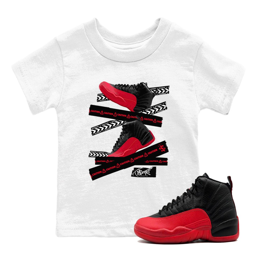 12s Flu Game shirts to match jordans Caution Tape sneaker match tees Air Jordan 12 Retro Flu Game match shoes to clothes SNRT Sneaker Tees Youth Baby White 1 tee