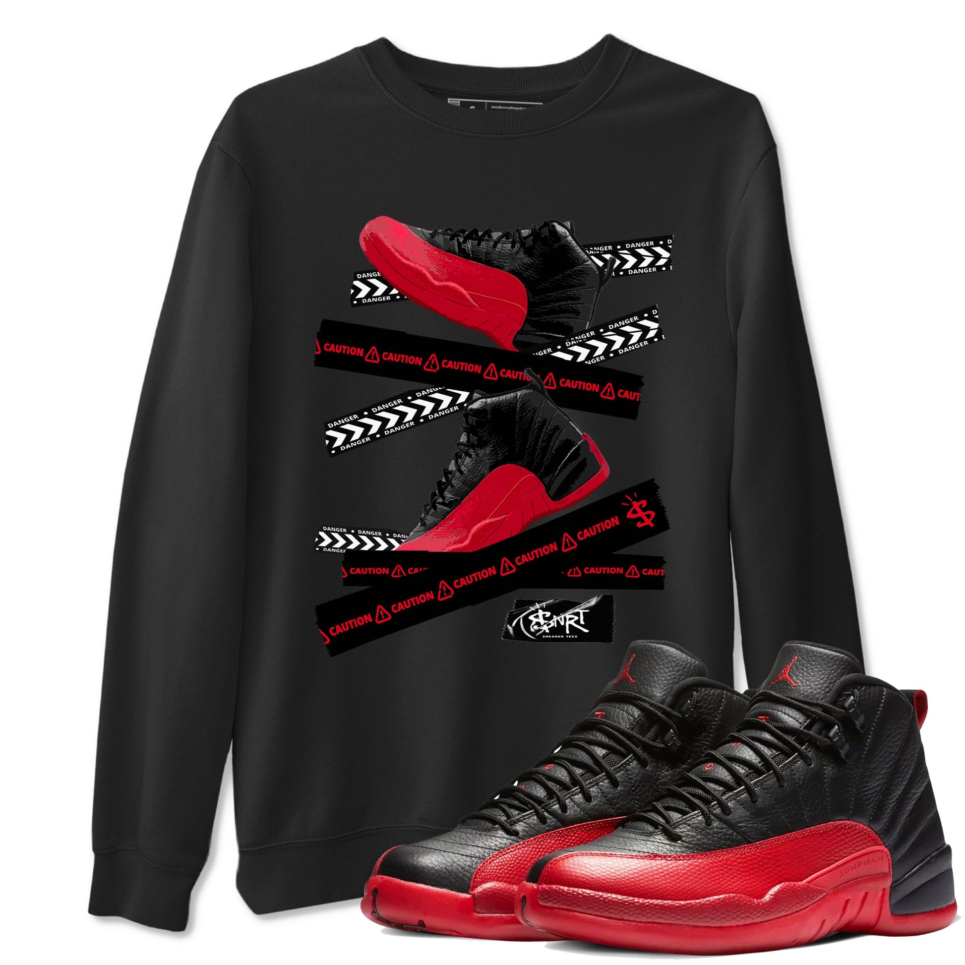12s Flu Game shirts to match jordans Caution Tape sneaker match tees Air Jordan 12 Retro Flu Game match shoes to clothes SNRT Sneaker Tees unisex cotton Black 1 shirts