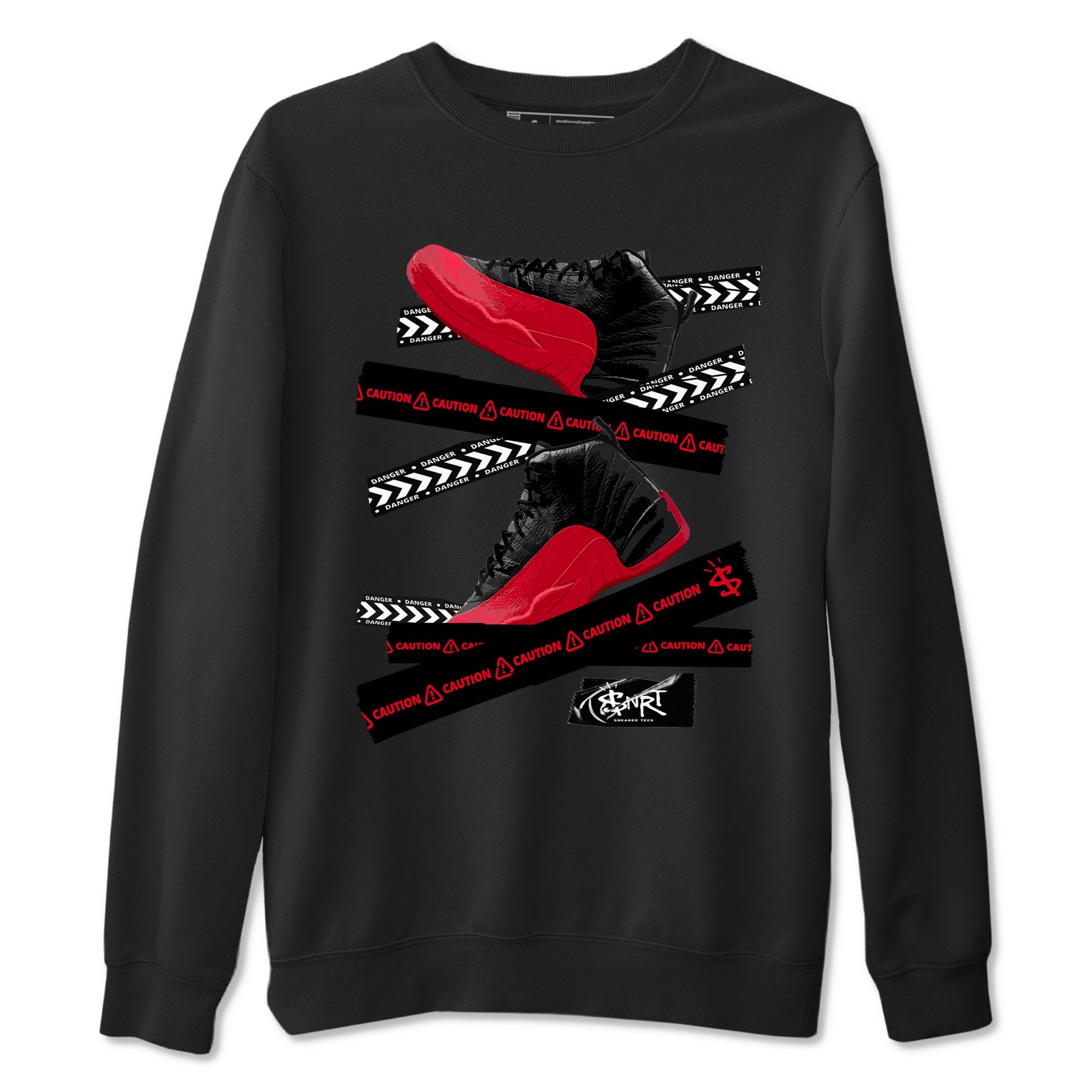 12s Flu Game shirts to match jordans Caution Tape sneaker match tees Air Jordan 12 Retro Flu Game match shoes to clothes SNRT Sneaker Tees unisex cotton Black 2 shirts