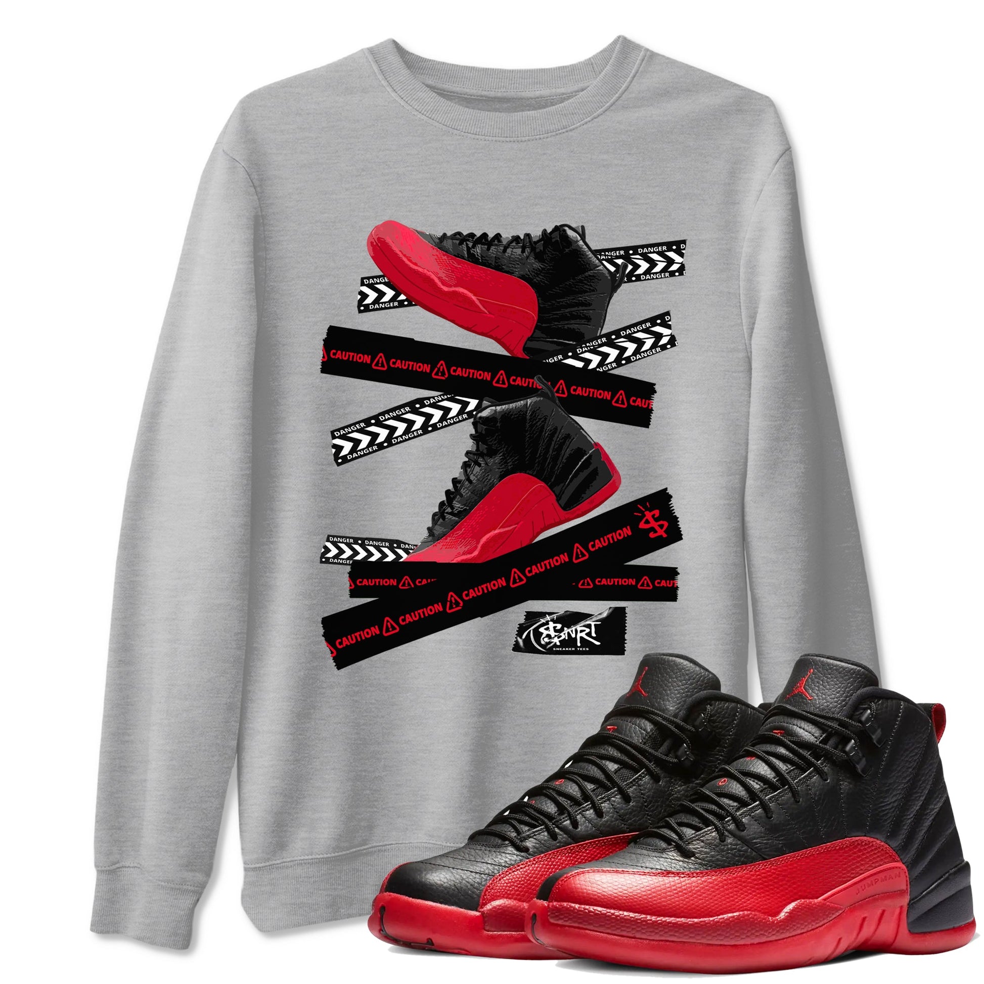 12s Flu Game shirts to match jordans Caution Tape sneaker match tees Air Jordan 12 Retro Flu Game match shoes to clothes SNRT Sneaker Tees unisex cotton Heather Grey 1 shirts