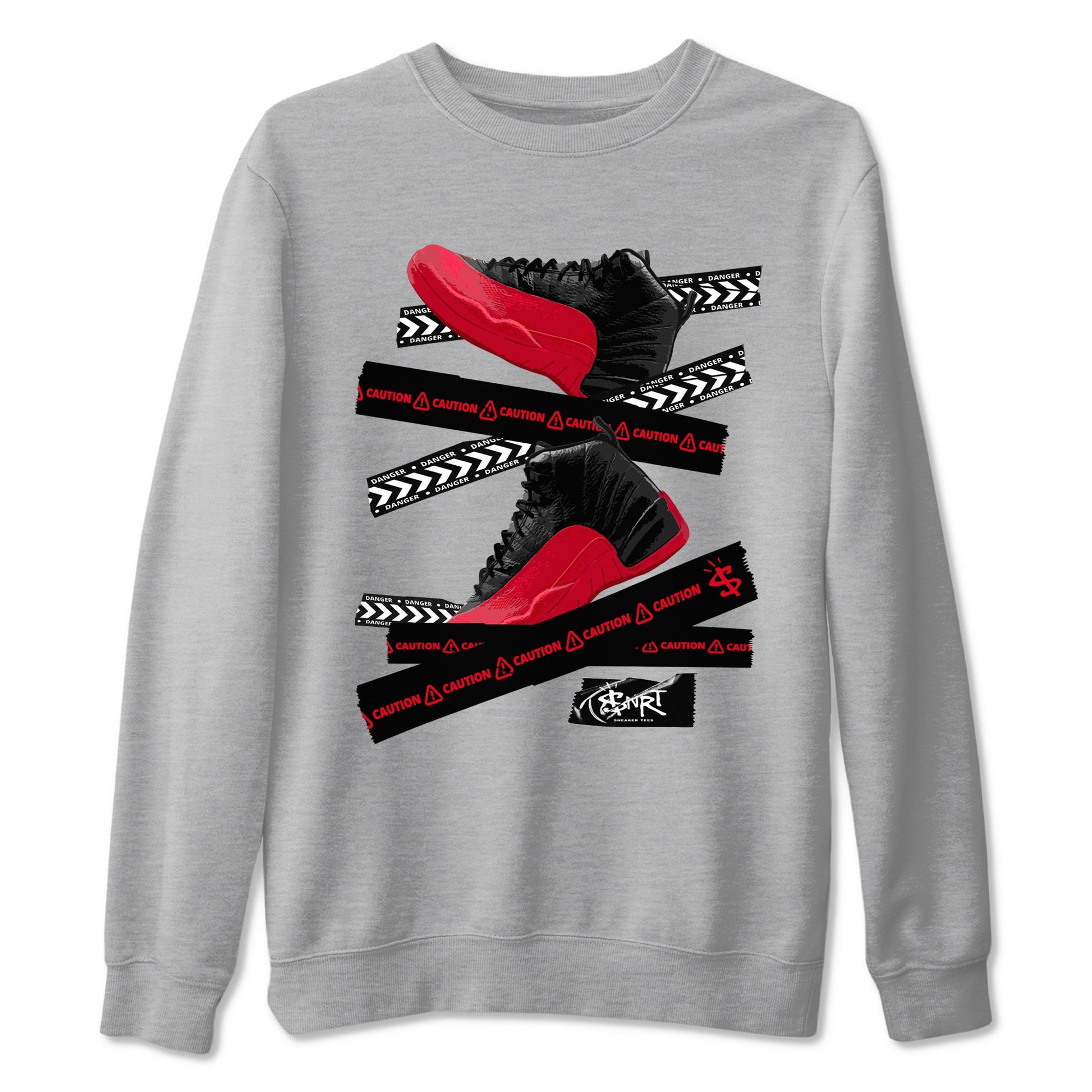 12s Flu Game shirts to match jordans Caution Tape sneaker match tees Air Jordan 12 Retro Flu Game match shoes to clothes SNRT Sneaker Tees unisex cotton Heather Grey 2 shirts