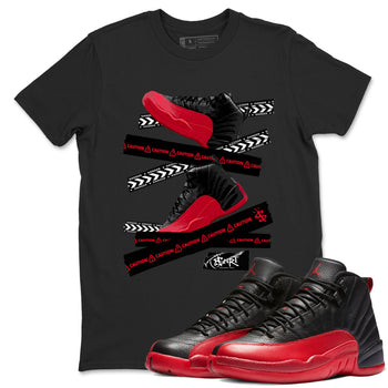 12s Flu Game shirts to match jordans Caution Tape sneaker match tees Air Jordan 12 Retro Flu Game match shoes to clothes SNRT Sneaker Tees unisex cotton Black 1 shirts