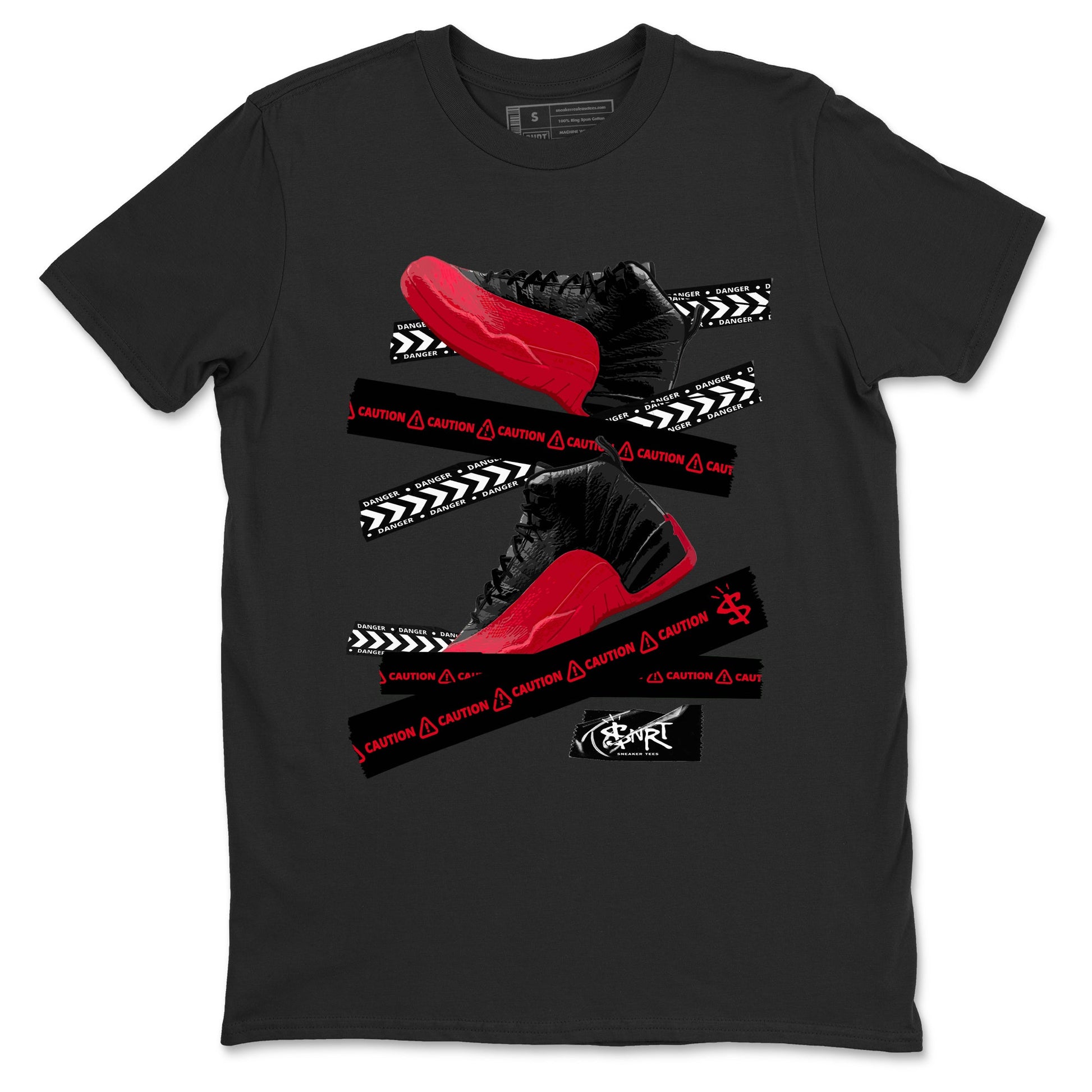 12s Flu Game shirts to match jordans Caution Tape sneaker match tees Air Jordan 12 Retro Flu Game match shoes to clothes SNRT Sneaker Tees unisex cotton Black 2 shirts