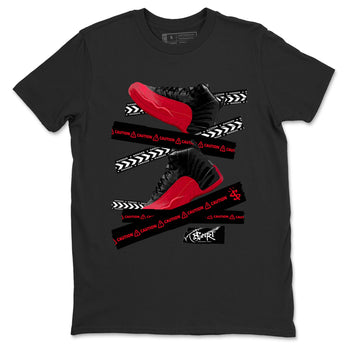 12s Flu Game shirts to match jordans Caution Tape sneaker match tees Air Jordan 12 Retro Flu Game match shoes to clothes SNRT Sneaker Tees unisex cotton Black 2 shirts