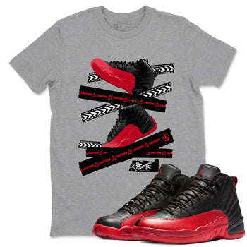 12s Flu Game shirts to match jordans Caution Tape sneaker match tees Air Jordan 12 Retro Flu Game match shoes to clothes SNRT Sneaker Tees unisex cotton Heather Grey 1 shirts