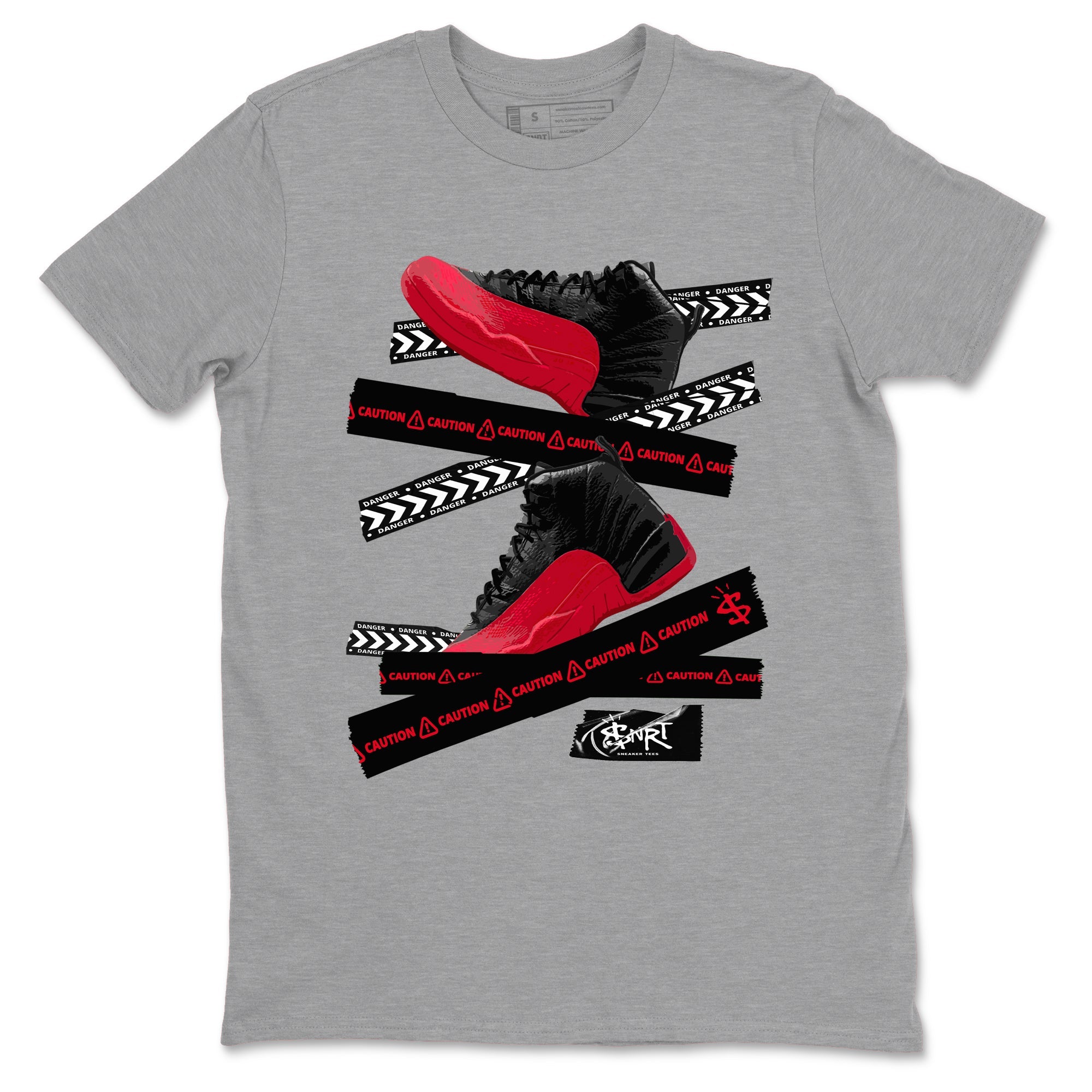 12s Flu Game shirts to match jordans Caution Tape sneaker match tees Air Jordan 12 Retro Flu Game match shoes to clothes SNRT Sneaker Tees unisex cotton Heather Grey 2 shirts