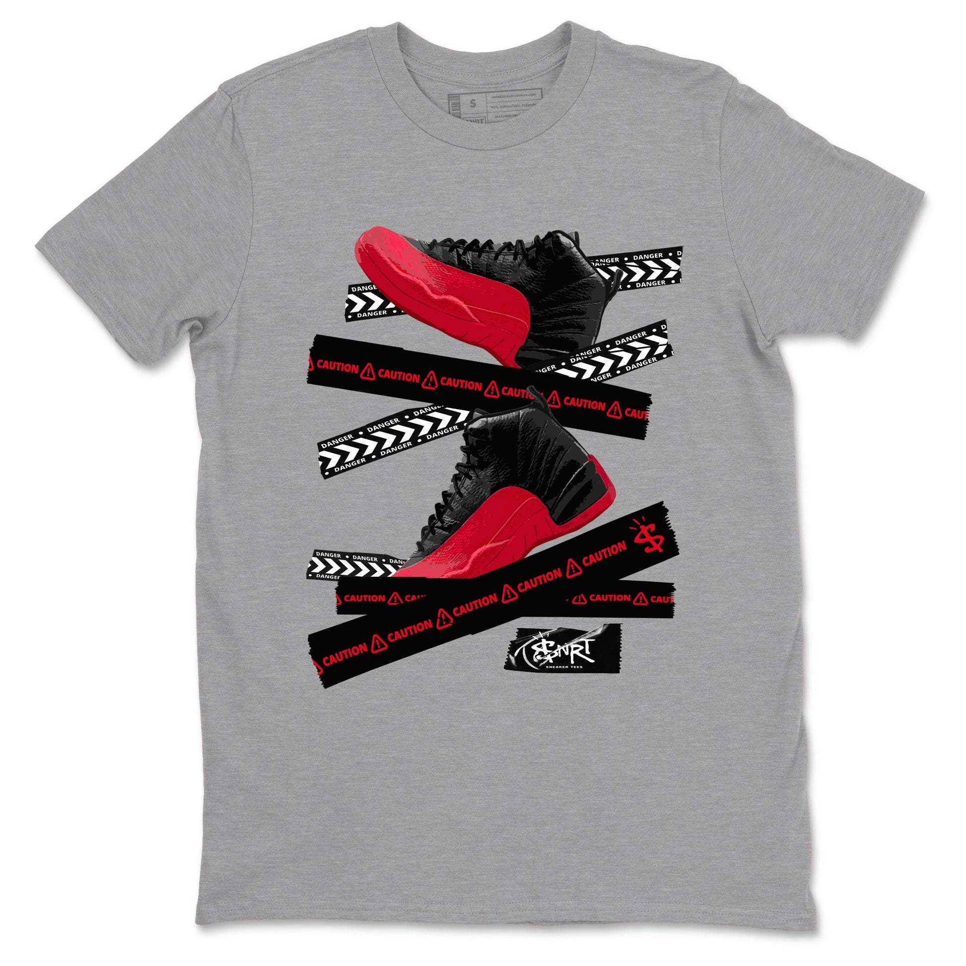 12s Flu Game shirts to match jordans Caution Tape sneaker match tees Air Jordan 12 Retro Flu Game match shoes to clothes SNRT Sneaker Tees unisex cotton Heather Grey 2 shirts