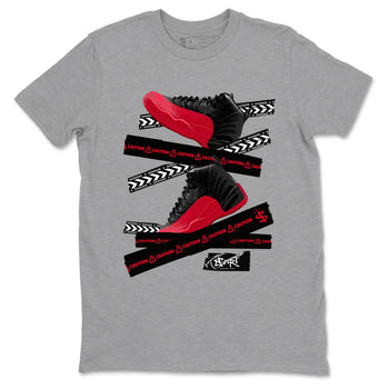 12s Flu Game shirts to match jordans Caution Tape sneaker match tees Air Jordan 12 Retro Flu Game match shoes to clothes SNRT Sneaker Tees unisex cotton Heather Grey 2 shirts