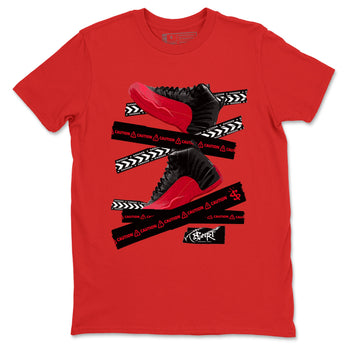 12s Flu Game shirts to match jordans Caution Tape sneaker match tees Air Jordan 12 Retro Flu Game match shoes to clothes SNRT Sneaker Tees unisex cotton Red 2 shirts