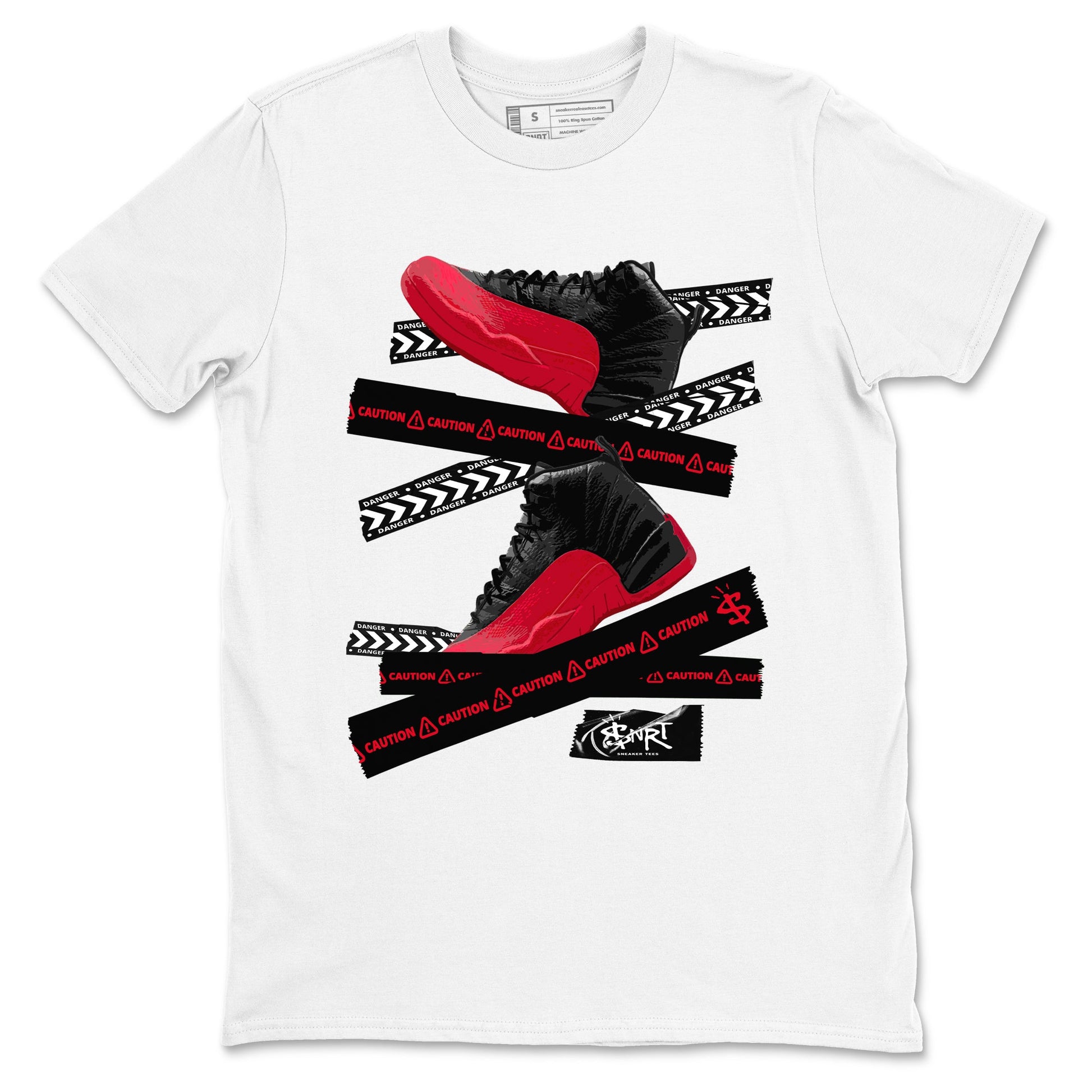12s Flu Game shirts to match jordans Caution Tape sneaker match tees Air Jordan 12 Retro Flu Game match shoes to clothes SNRT Sneaker Tees unisex cotton White 2 shirts