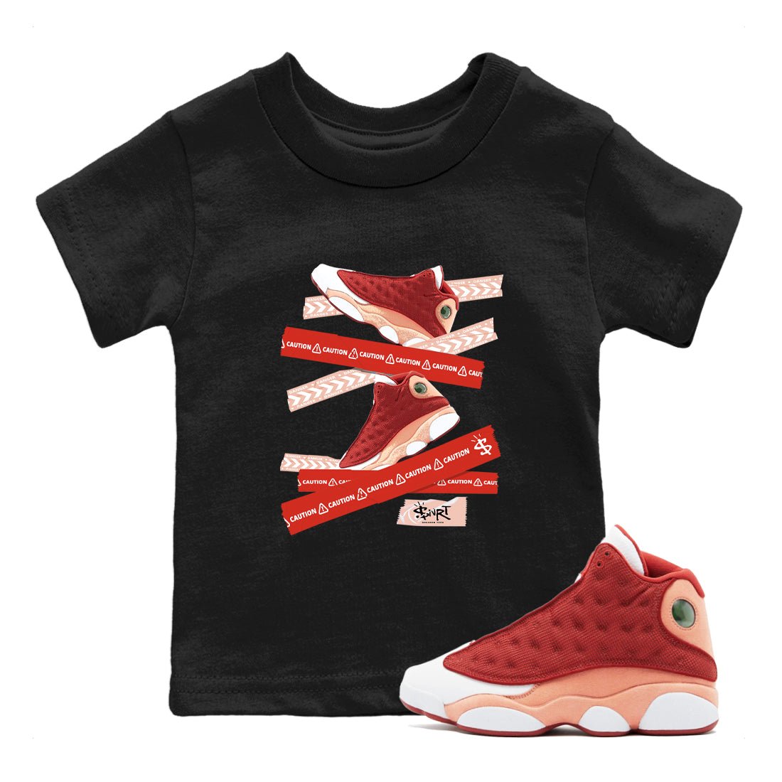 Air Jordan 13 Dune Red shirts to match jordans Caution Tape sneaker match tees AJ13 Dune Red Sneaker Shirts SNRT Sneaker Tees streetwear brand Baby and Youth Black 1 cotton tee