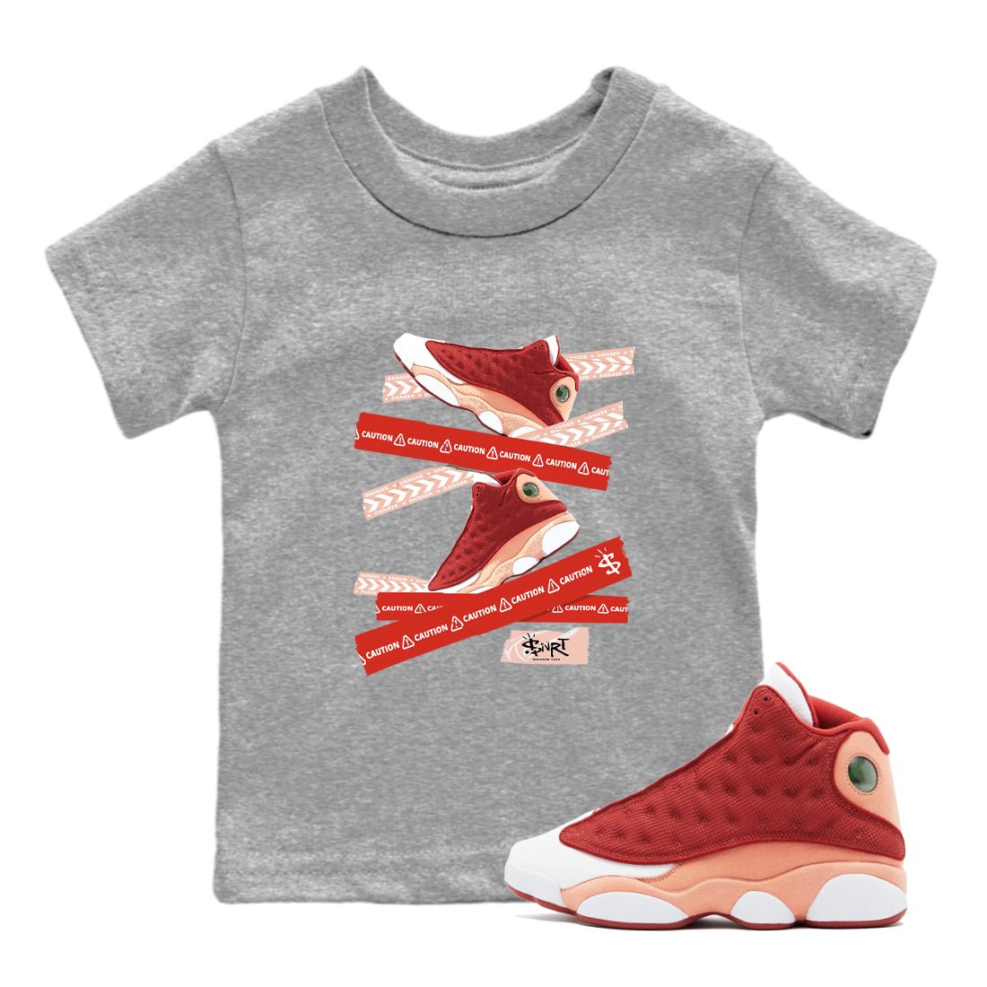 Air Jordan 13 Dune Red shirts to match jordans Caution Tape sneaker match tees AJ13 Dune Red Sneaker Shirts SNRT Sneaker Tees streetwear brand Baby and Youth Heather Grey 1 cotton tee